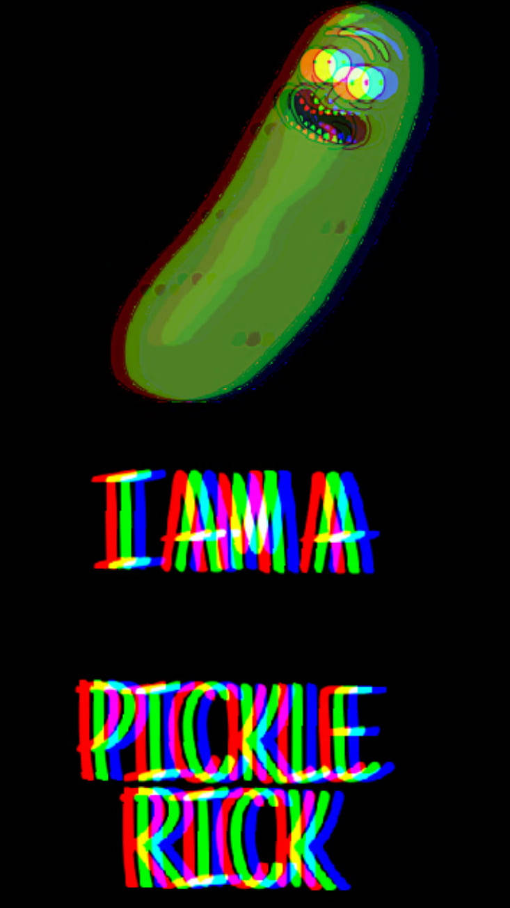 卡通酸黃瓜角色，眼睛發光，帶有故障文字寫著「I AM A PICKLE RICK」在黑色背景上。