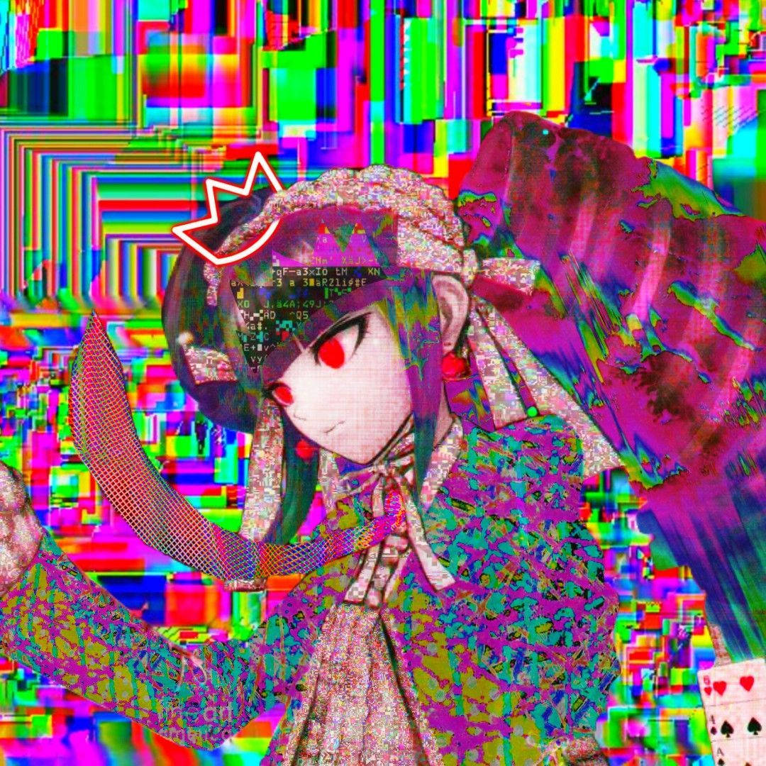 故障數碼藝術風格的紅眼皇冠動漫女孩。