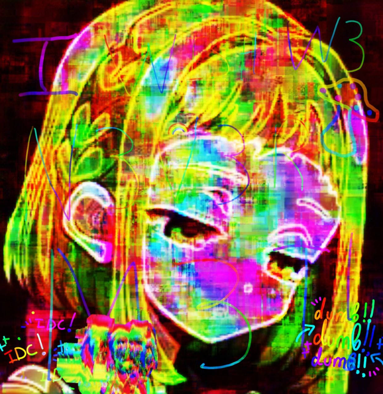 帶有霓虹色彩和數碼扭曲效果的故障動漫女孩。