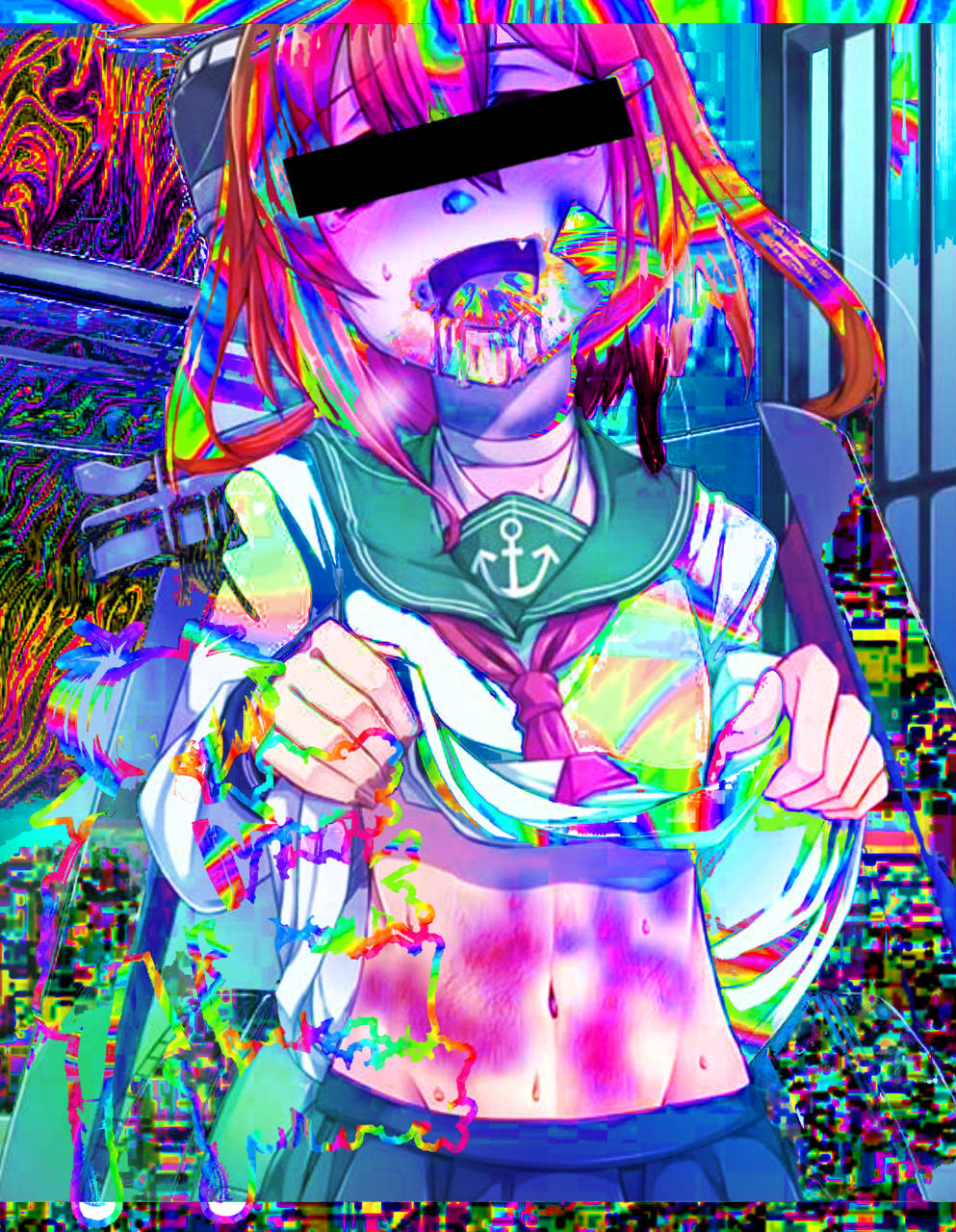 身穿水手服的動漫女孩，帶有故障效果和彩虹色彩。