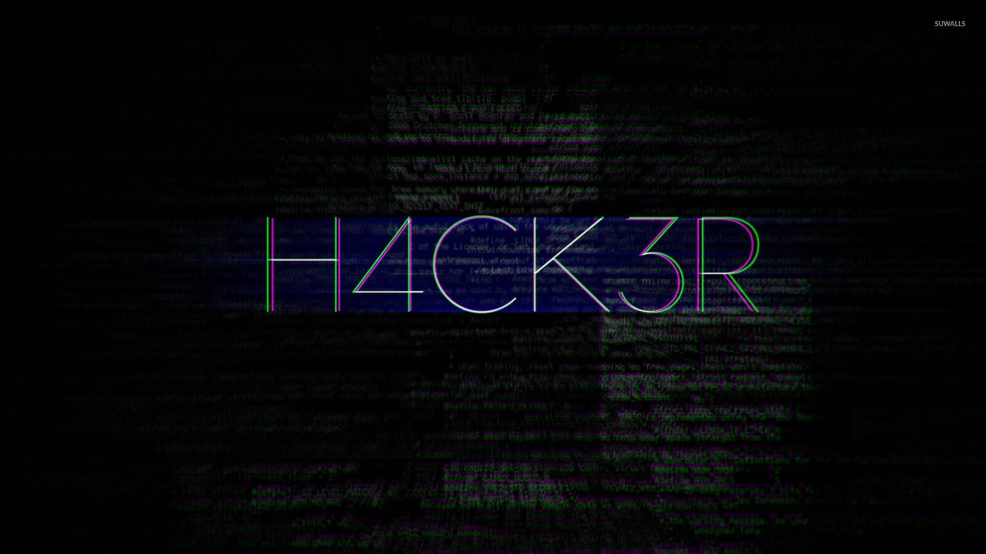 霓虹文字 hack3r 在閃爍的數位代碼背景上 — 黑客 壁紙