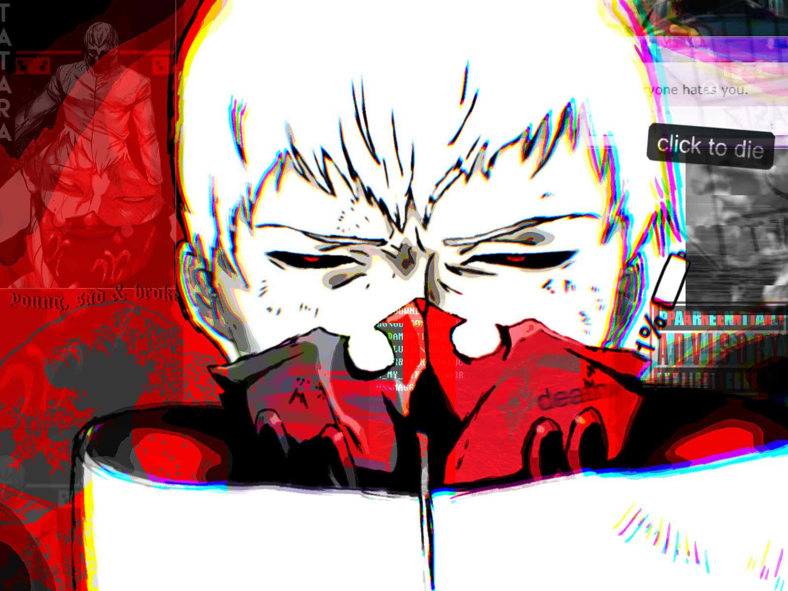 故障風格動漫角色藝術 壁紙 — 一個帶有白色頭髮和紅色眼睛的故障動漫角色，在混亂的數碼拼貼畫（包含文字和扭曲圖像）背景下強烈凝視。