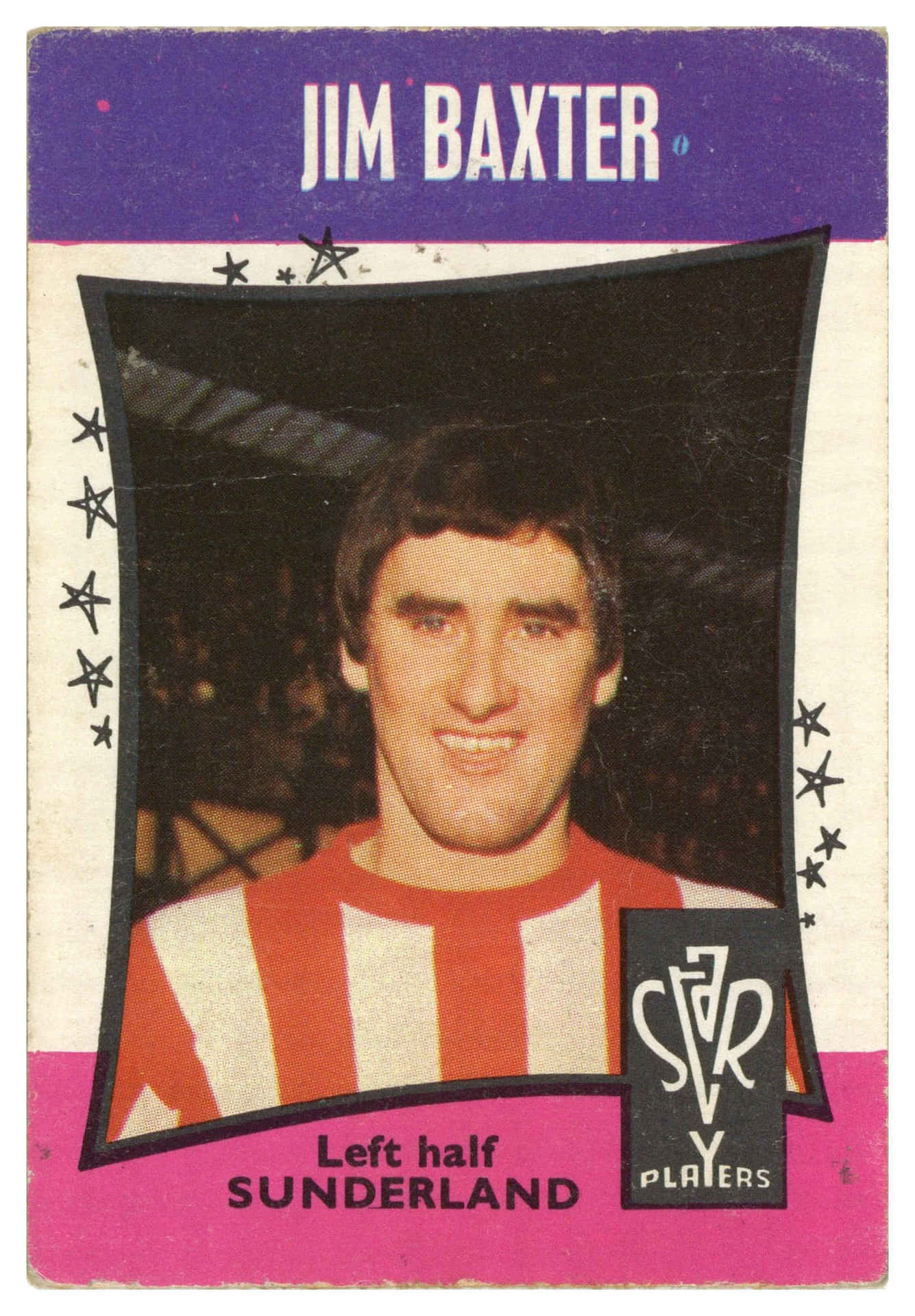 Jim Baxter 穿著紅白條紋球衣的復古足球員卡。