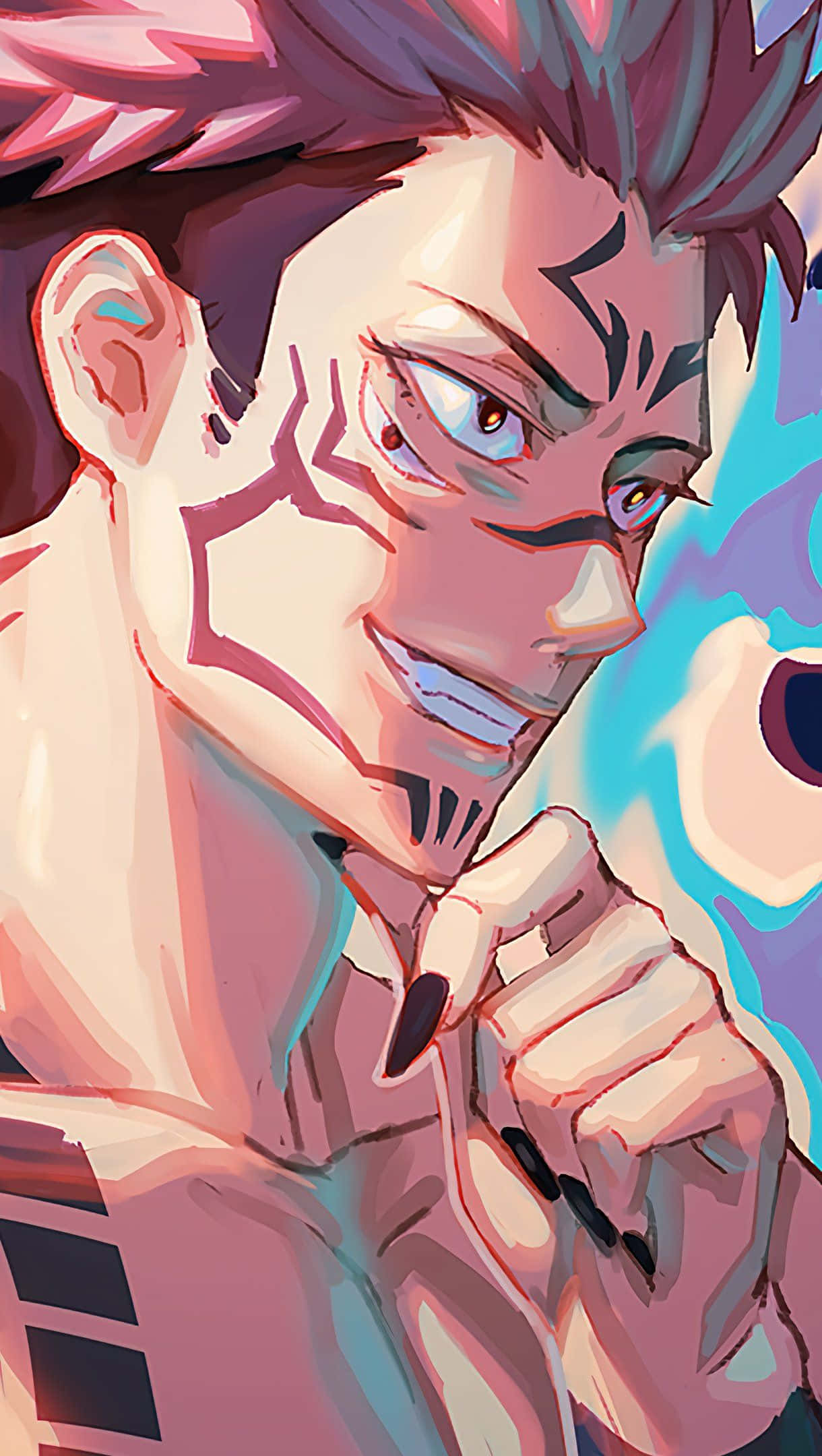 敏捷強大的 Sukuna 移動遊戲插畫 壁紙 — 一個兇猛的動漫角色，擁有尖刺的粉紅色頭髮和發光的眼睛，在充滿活力的藍色能量背景下自信地微笑著指向前方。