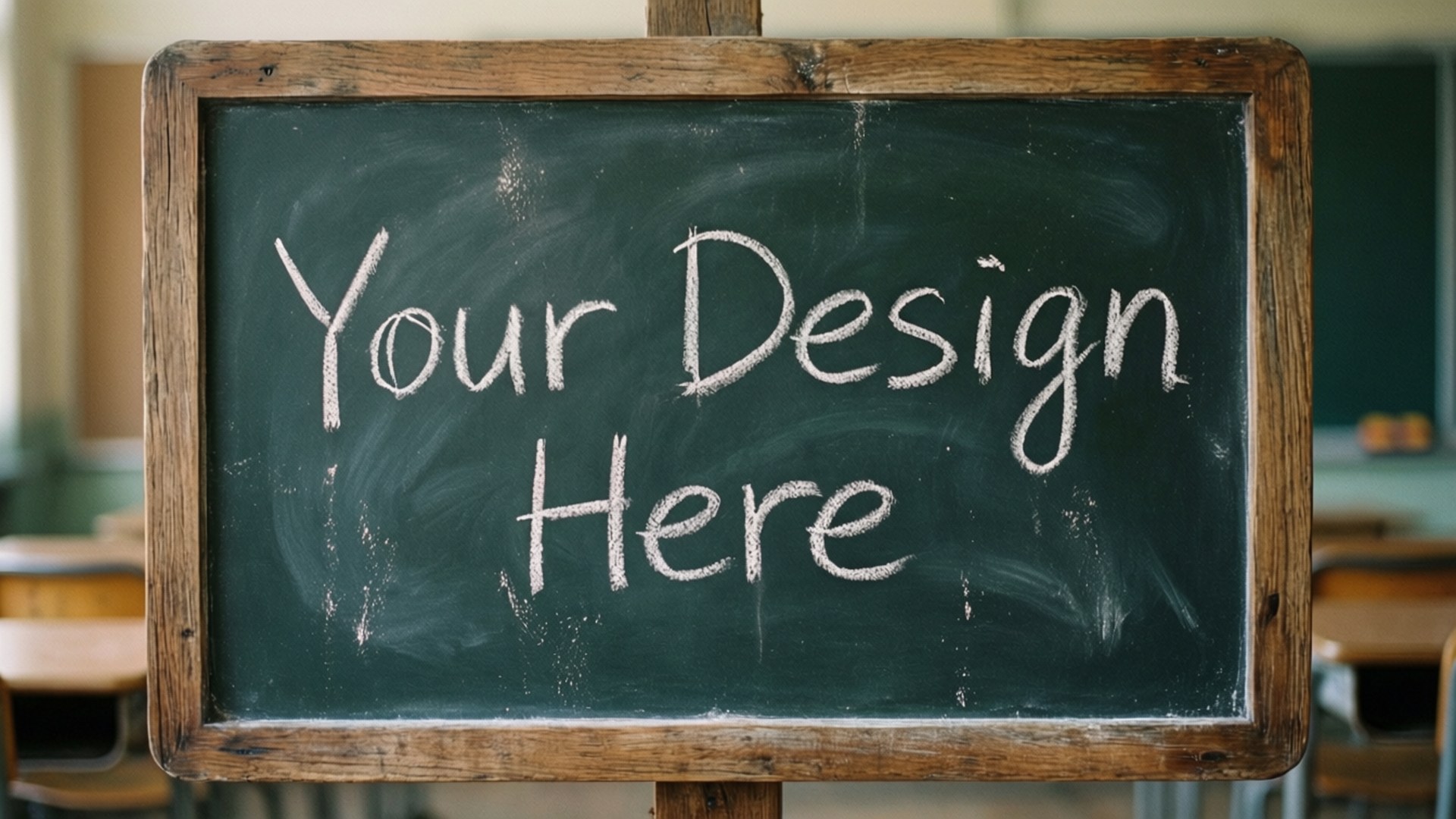 課室內一塊破舊的黑板，用白色粉筆寫著「Your Design Here」。