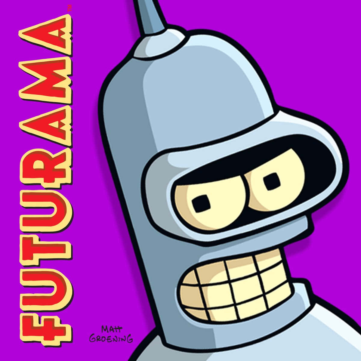 Futurama 機械人角色在紫色背景前咧嘴大笑。