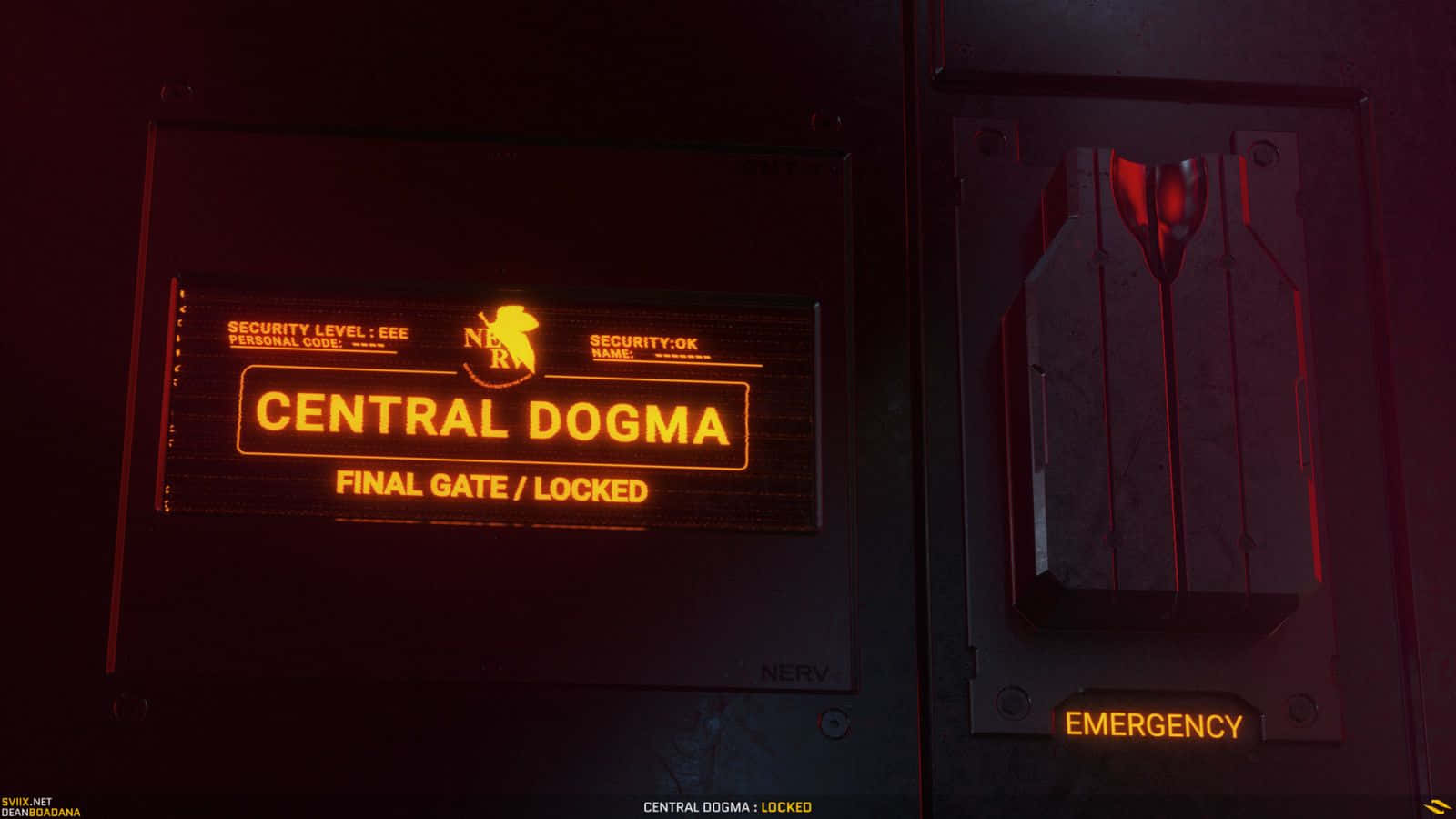 紅色發光的安全面板標示為 Central Dogma Final Gate Locked，並帶有緊急按鈕。