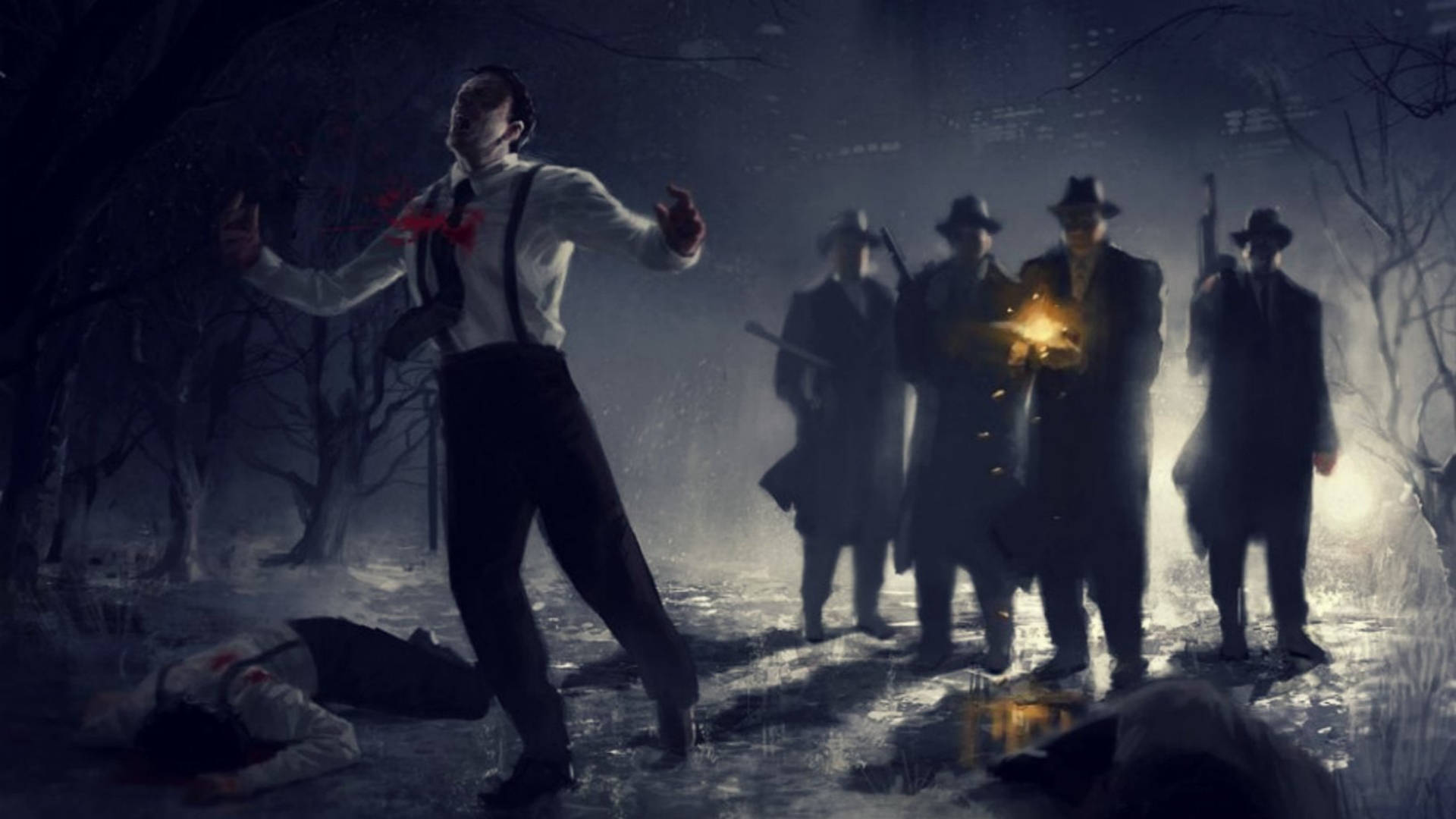 教父槍戰 壁紙 — 一個穿著白襯衫和吊帶的男人在雪夜森林中挑釁地站著，而持槍的陰影人物正向他逼近。