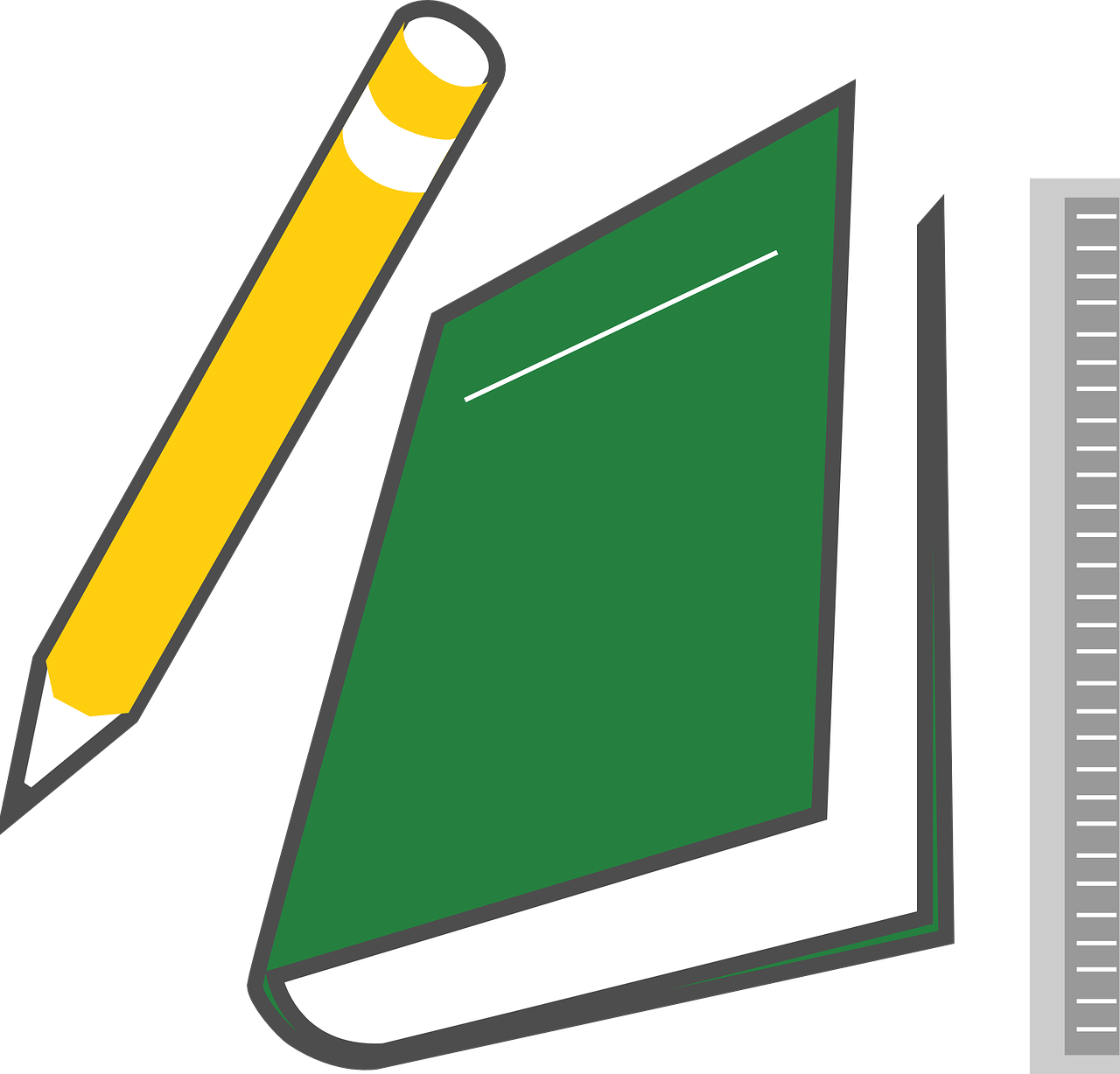 教育剪貼畫書本鉛筆尺規 壁紙 — 一支黃色鉛筆、綠色筆記本和灰色間尺整齊排列在黑色背景上。