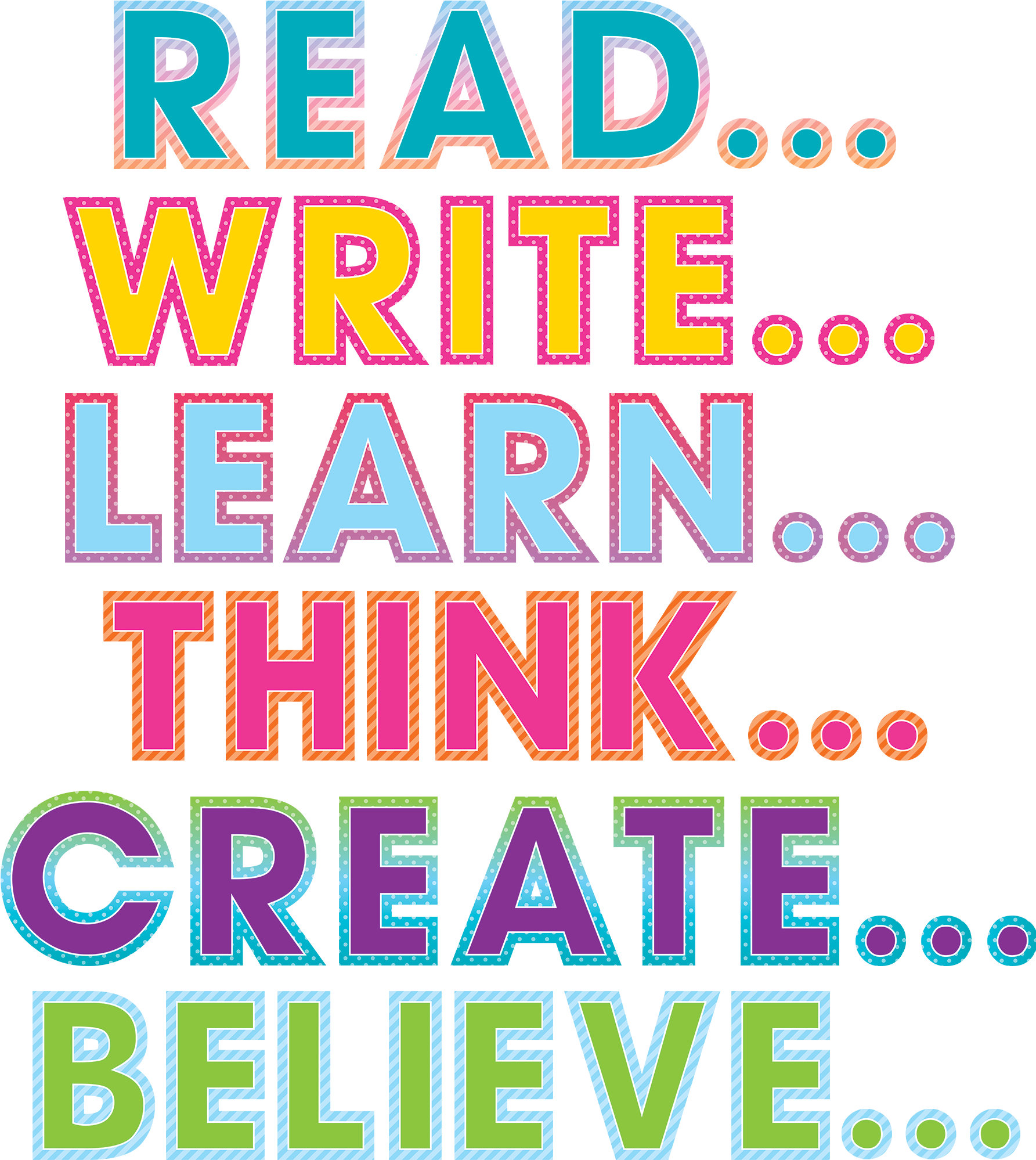 教育動力海報 壁紙 — 粗體彩色文字詞語 READ WRITE LEARN THINK CREATE BELIEVE 在黑色背景上漂浮，帶有虛線橢圓。