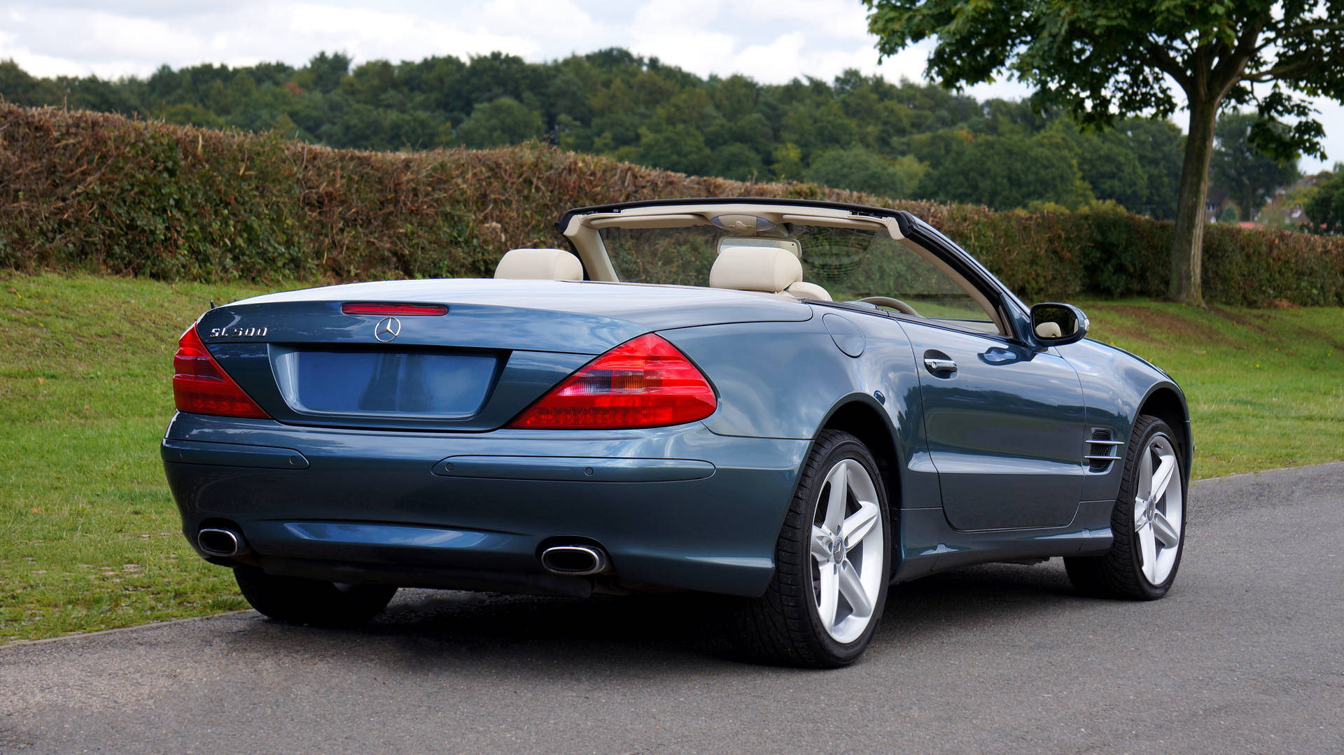 藍色 Mercedes SL500 開篷車停在有草和樹木的道路上。