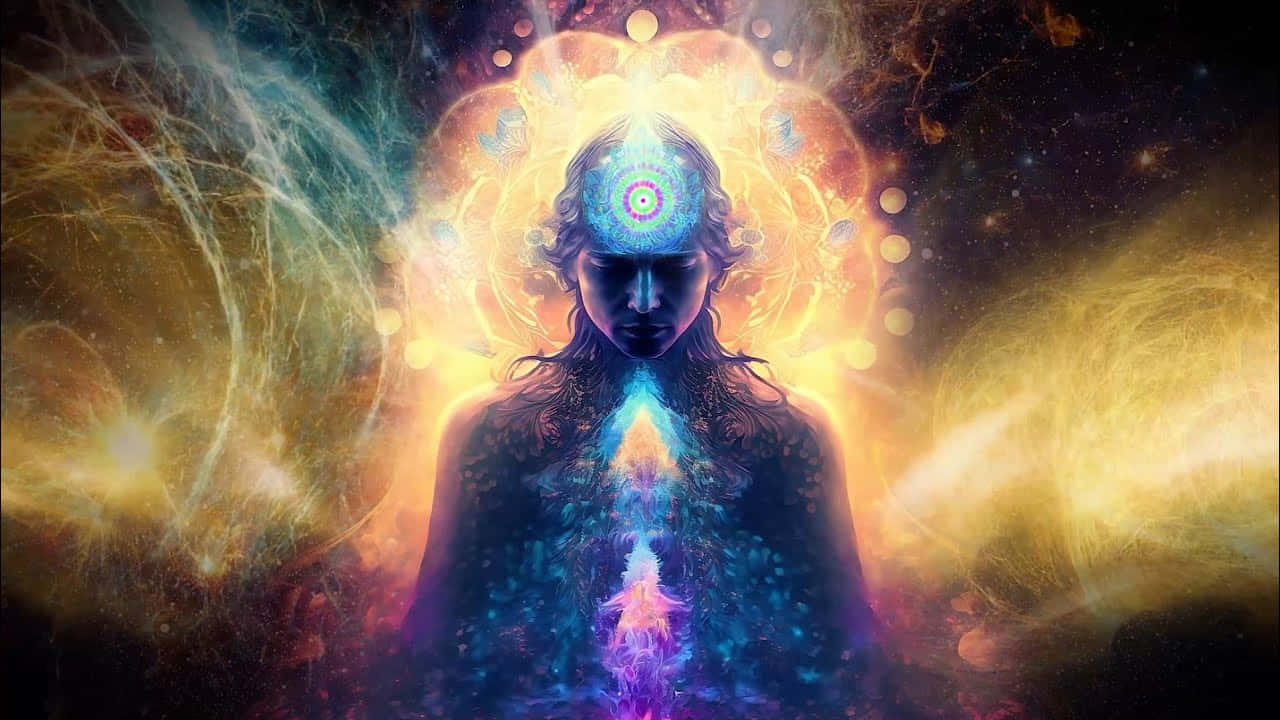 在宇宙空間中帶有發光能量光環的人