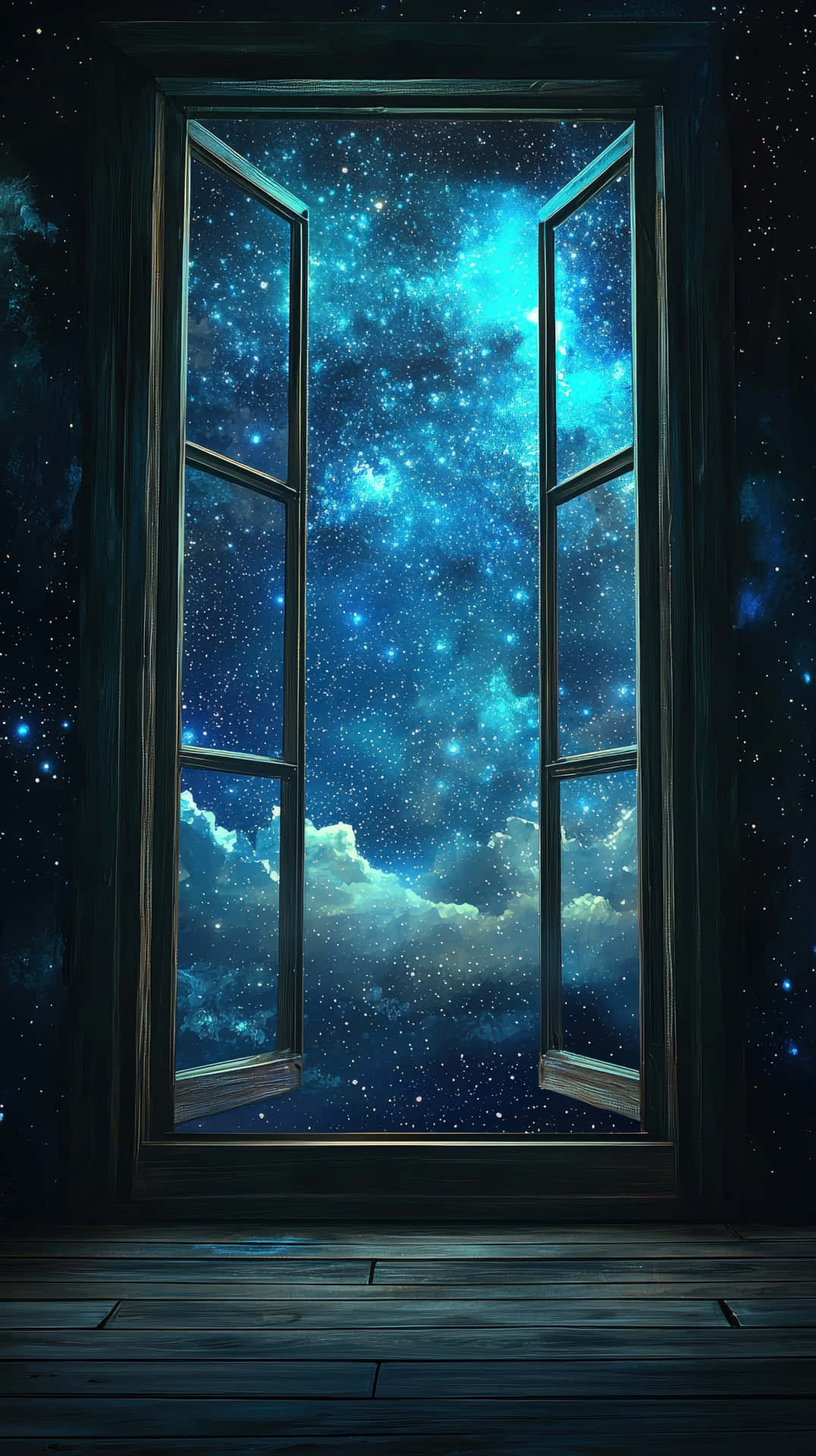 打開的窗戶展現出充滿活力的藍色和青綠色星空夜空，帶有發光的星雲和雲層