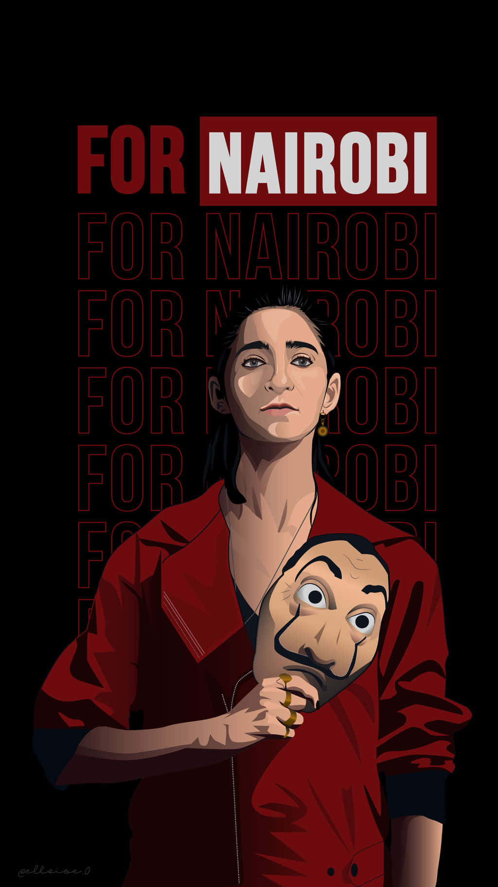 穿著紅色外套的女性手持達利面具，身後有「For Nairobi」文字。