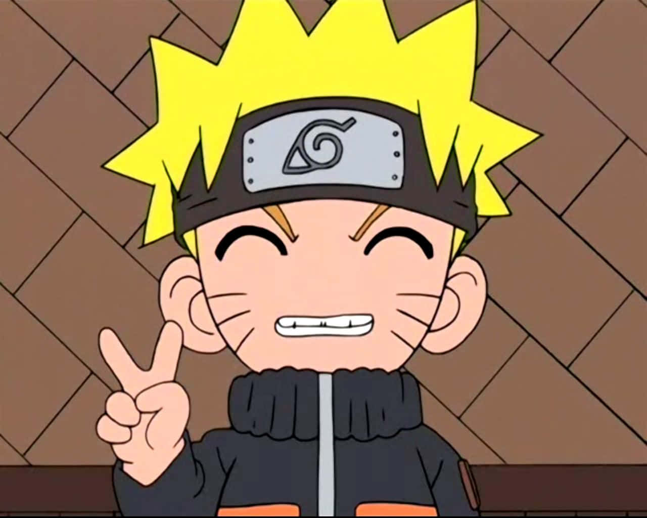Chibi Naruto Uzumaki 微笑並做出和平手勢。