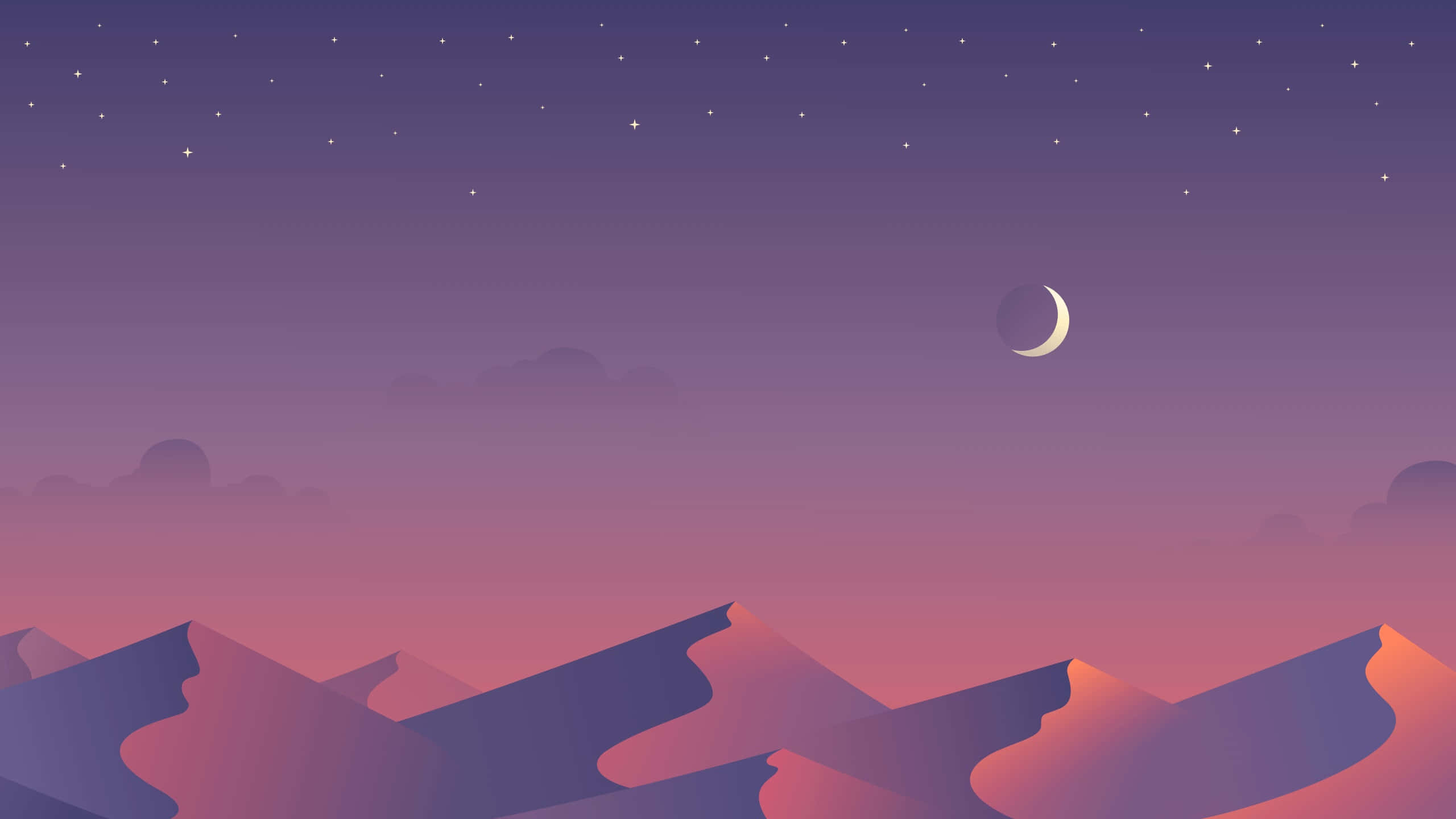 「敢於突破，獨樹一幟」 壁紙 — 寧靜的夜空，一彎新月和星星點綴在剪影般的紫色山脈之上，山巒散發著粉紅和橙色的光芒。