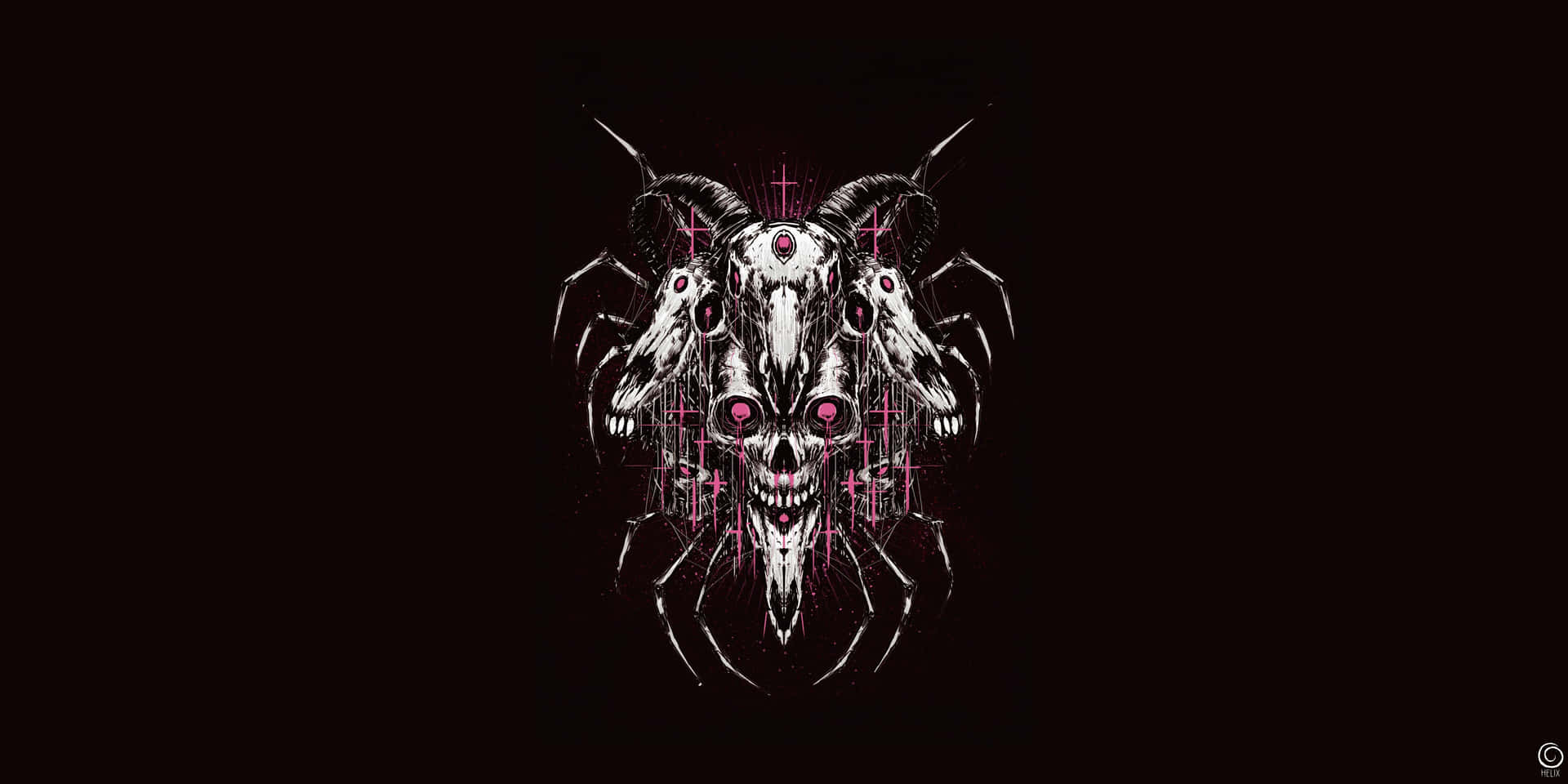 帶有公羊角和蜘蛛腿的惡魔頭骨 發光粉紅色眼睛