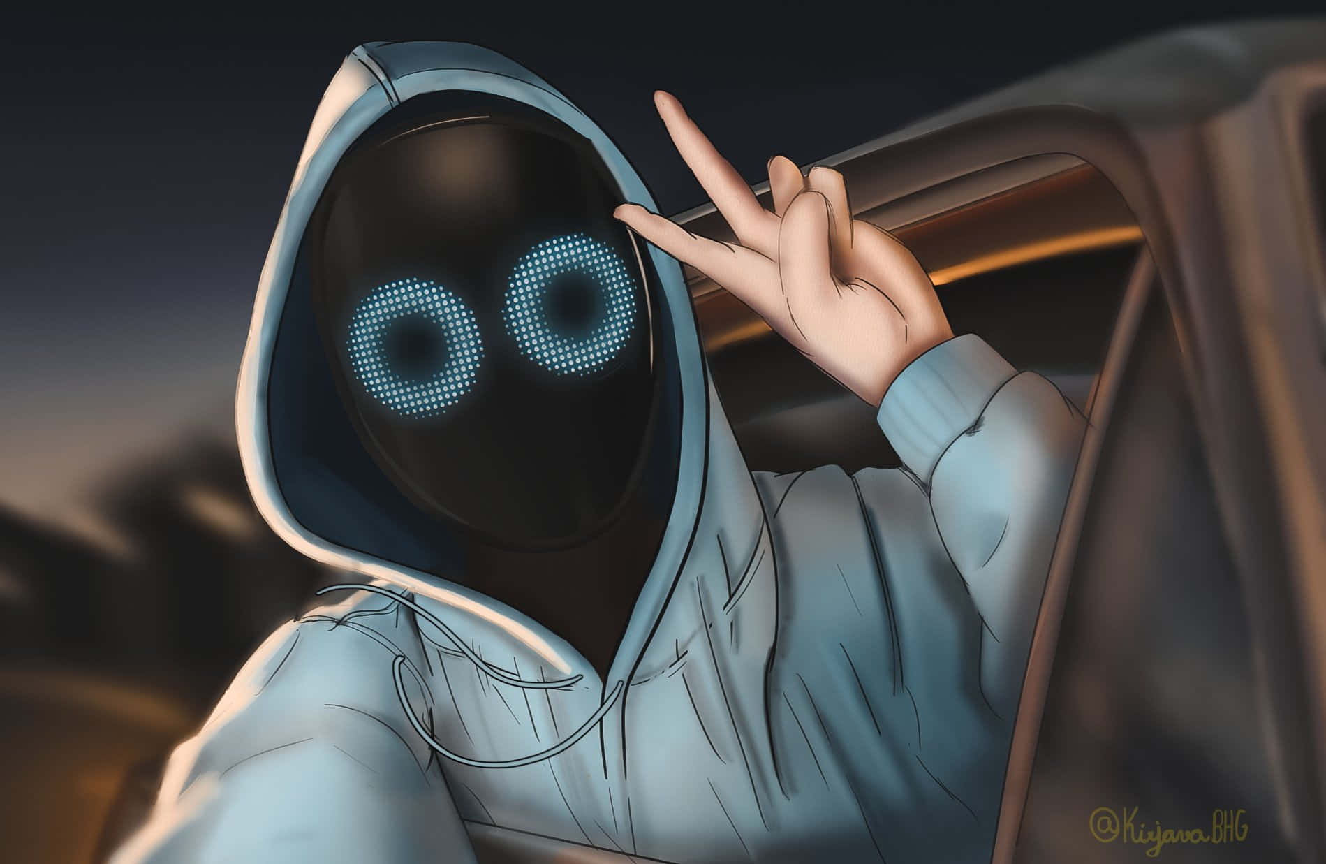 動漫角色穿著連帽衫，發光的眼睛在夜晚從車窗比出和平手勢。