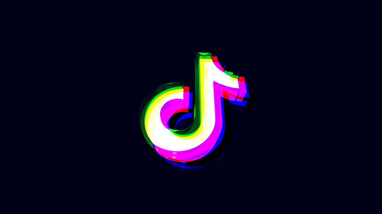 散播正能量，與 TikTok 一起攀上高峰 壁紙 — 一個充滿活力的故障風格TikTok標誌在黑暗背景上以霓虹色彩脈動。