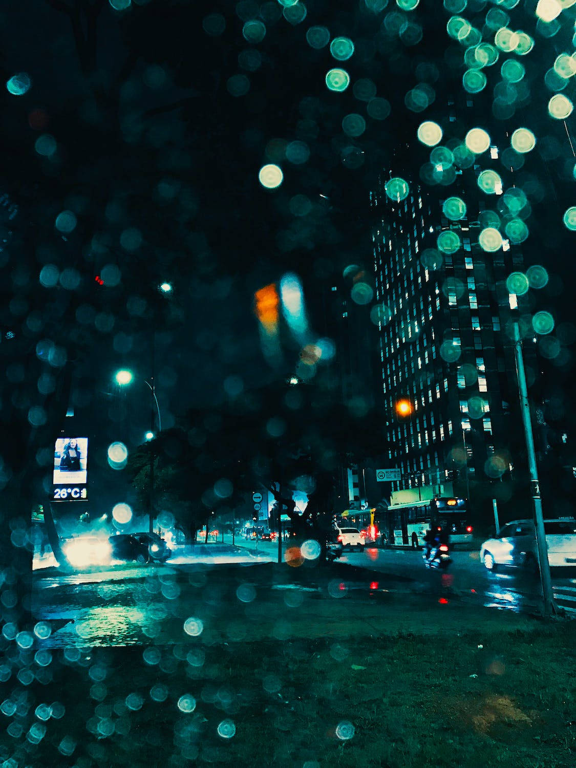 車窗上的雨滴模糊了夜晚的城市燈光。