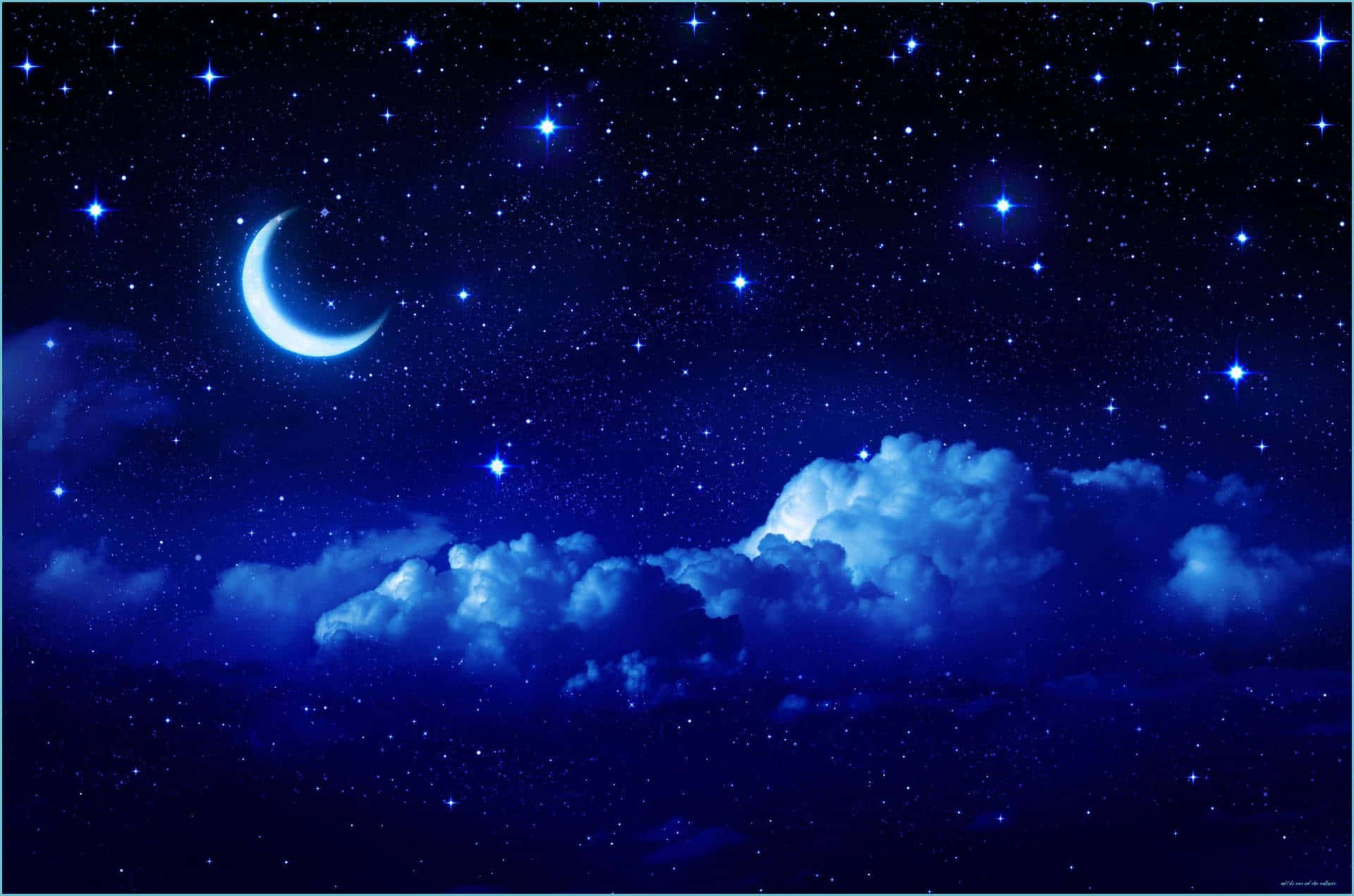 散發平靜與寧靜 壁紙 — 寧靜的夜空，佈滿閃爍的星星，柔軟的藍色雲朵上方懸掛著發光的彎月。