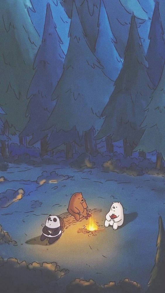 三隻卡通熊在夜晚的黑暗森林中聚集在營火旁。