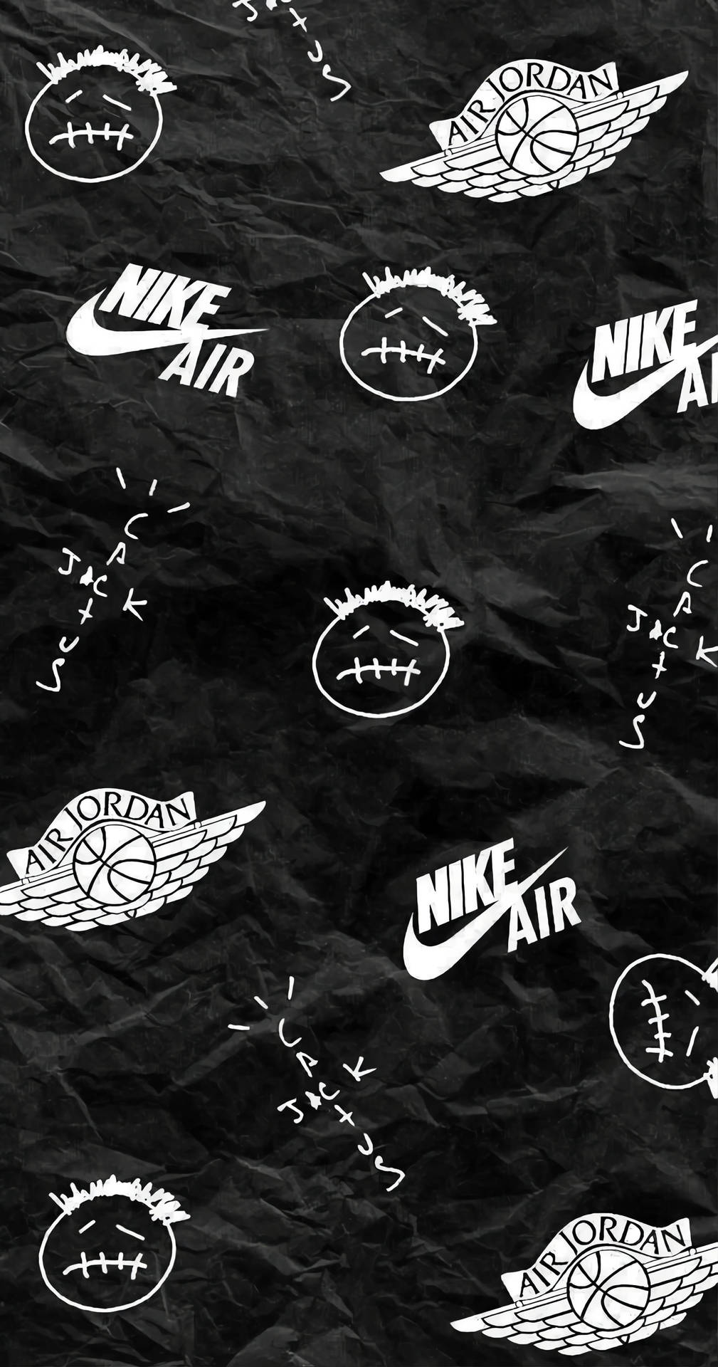 在皺巴巴的黑色紙張上重複的Nike Air Jordan標誌和縫合面孔塗鴉。