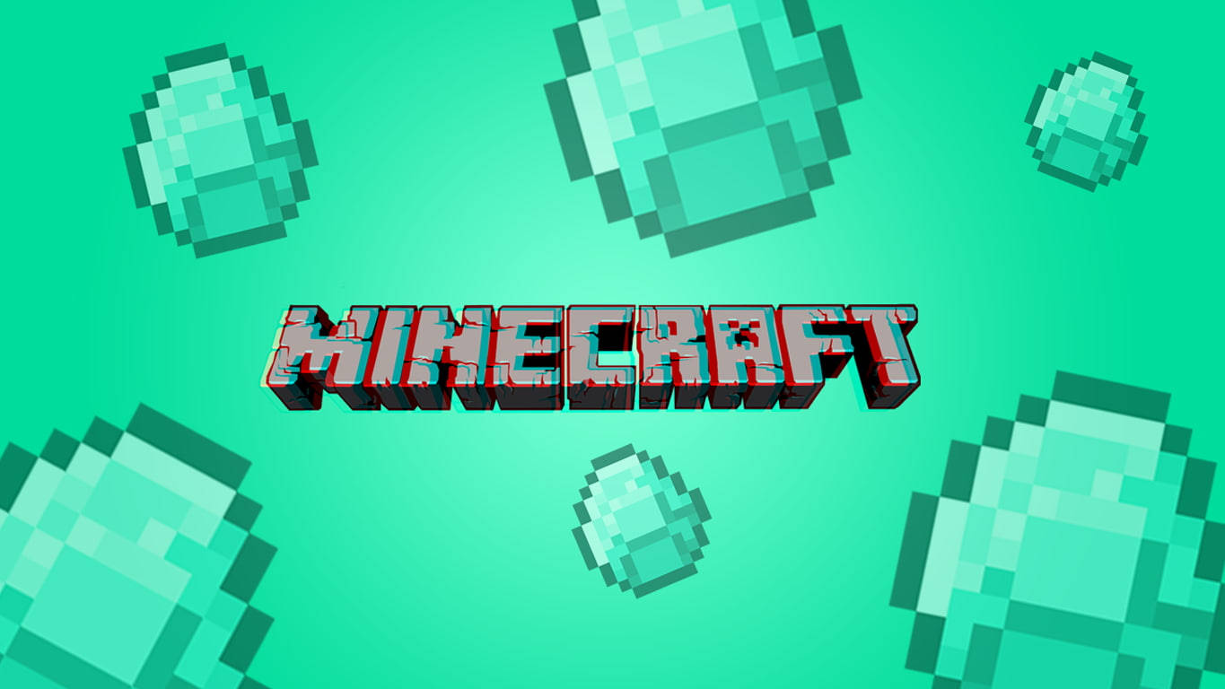 Minecraft 標誌與浮動鑽石方塊在青綠色背景上