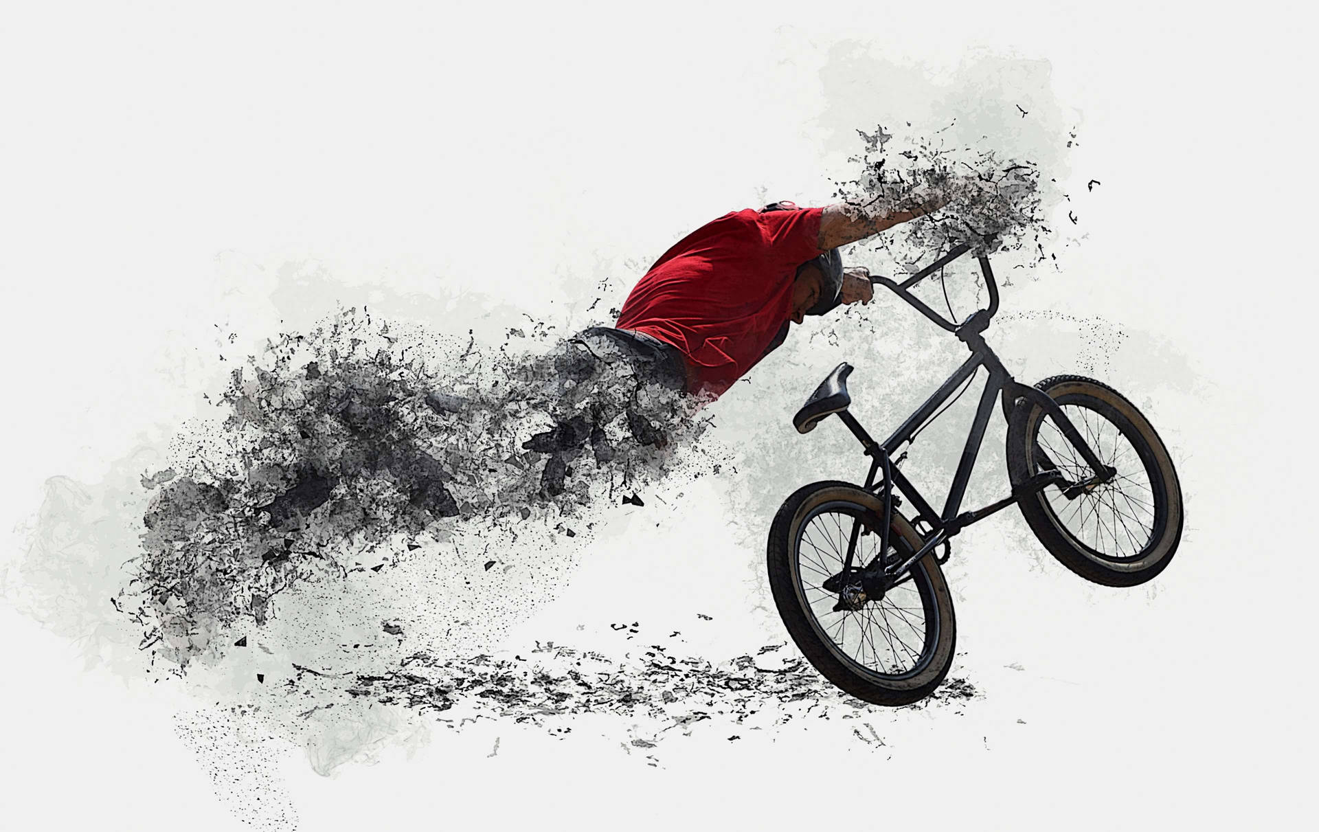 BMX車手半空特技，白色背景上帶有墨水飛濺效果