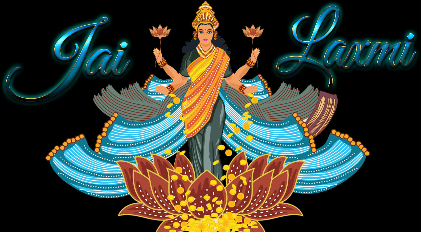 「敬拜拉克希米」女神插畫 壁紙 — 光芒四射的拉克什米女神站在金色蓮花上，身穿飄逸的藍色服飾，手持蓮花，背景為黑色，帶有發光的文字。