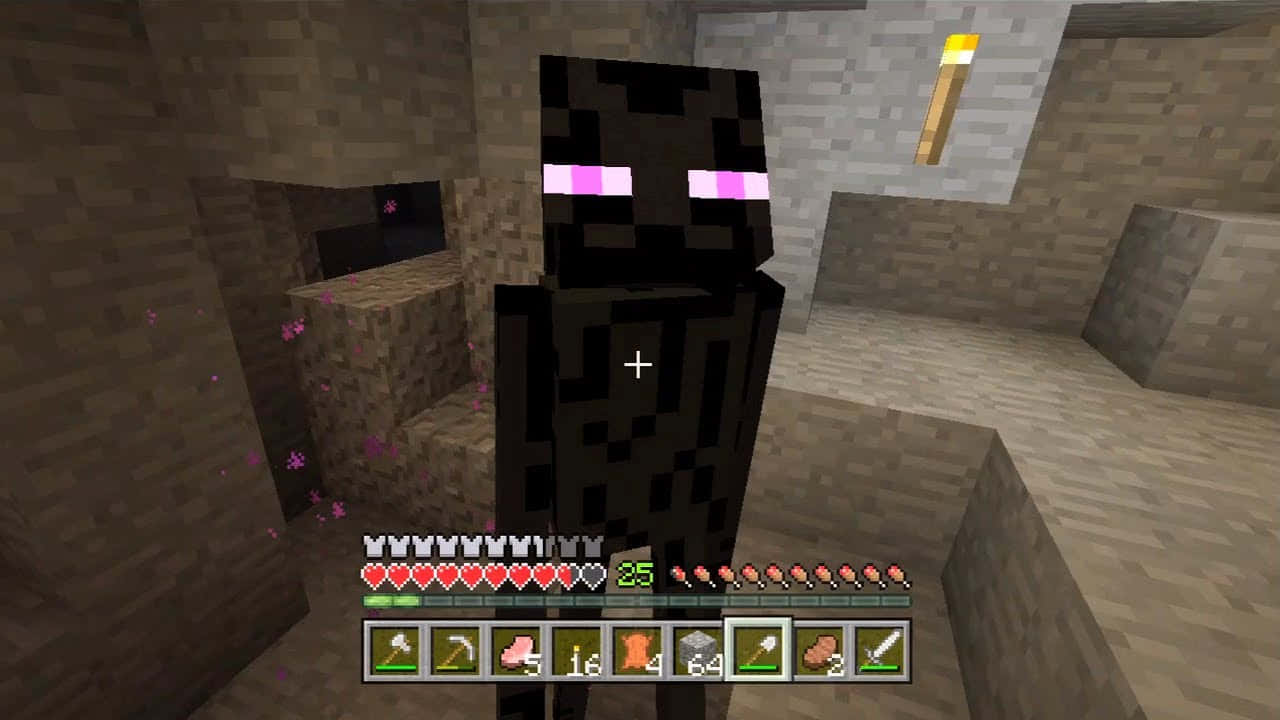 敬畏末影龍 壁紙 — 一個像素化的終界使者站在光線昏暗的Minecraft洞穴中，周圍漂浮著發光的粉紅色粒子。