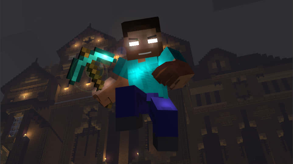 敬畏赫羅布林——《我的世界》中的神秘生物 壁紙 — 一個Minecraft玩家角色在夜空中漂浮在一個帶有發光窗戶的像素化中世紀城鎮上方。