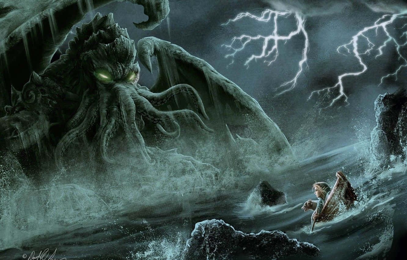 一個水手在小船上與一個在暴風雨海洋中閃電下的巨大海怪搏鬥。