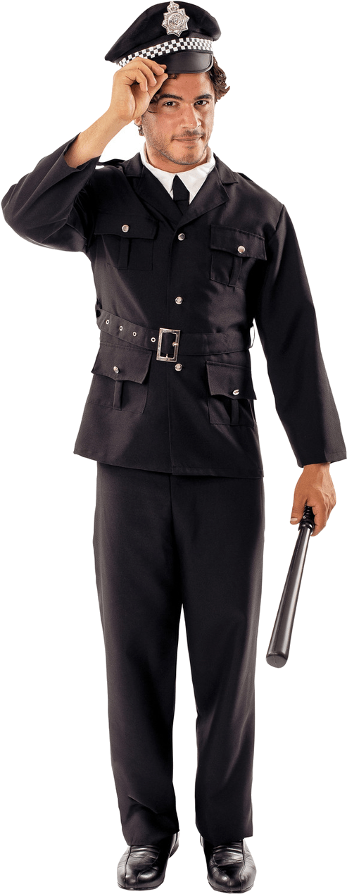 敬禮持警棍的警察 壁紙 — 一名身穿黑色警察制服嘅男人，喺透明背景前手持警棍敬禮。