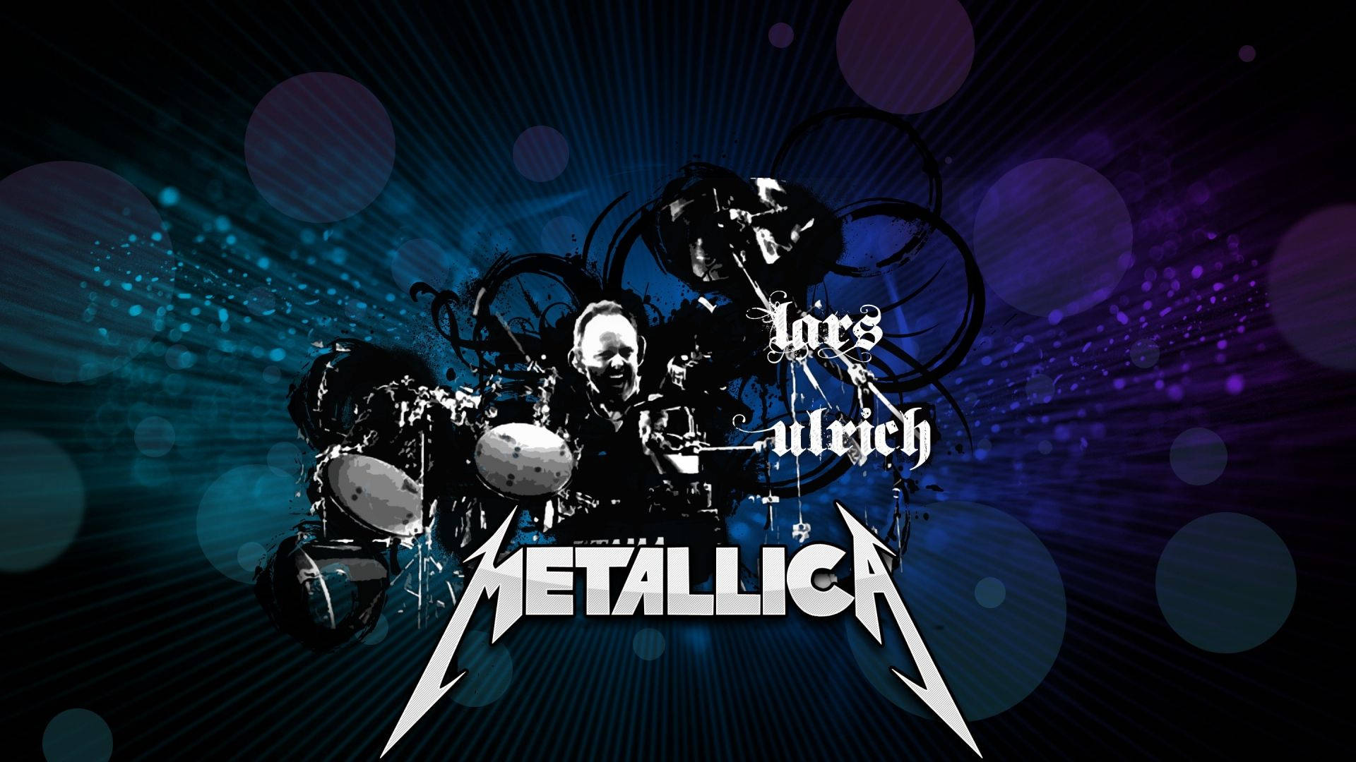 Metallica 鼓手圖形，帶有發光的藍色和紫色燈光。