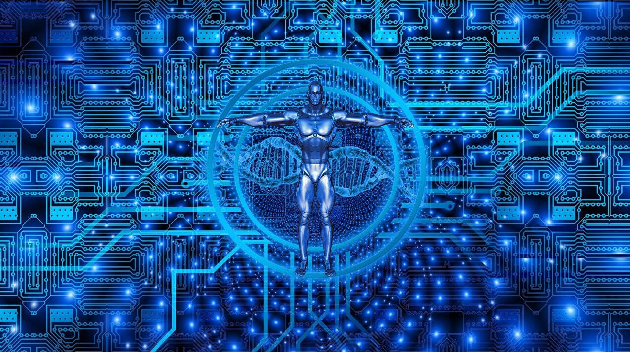 整體科技風格壁紙 壁紙 — 一個金屬人形站立在發光藍色電路中央，背後有DNA螺旋。