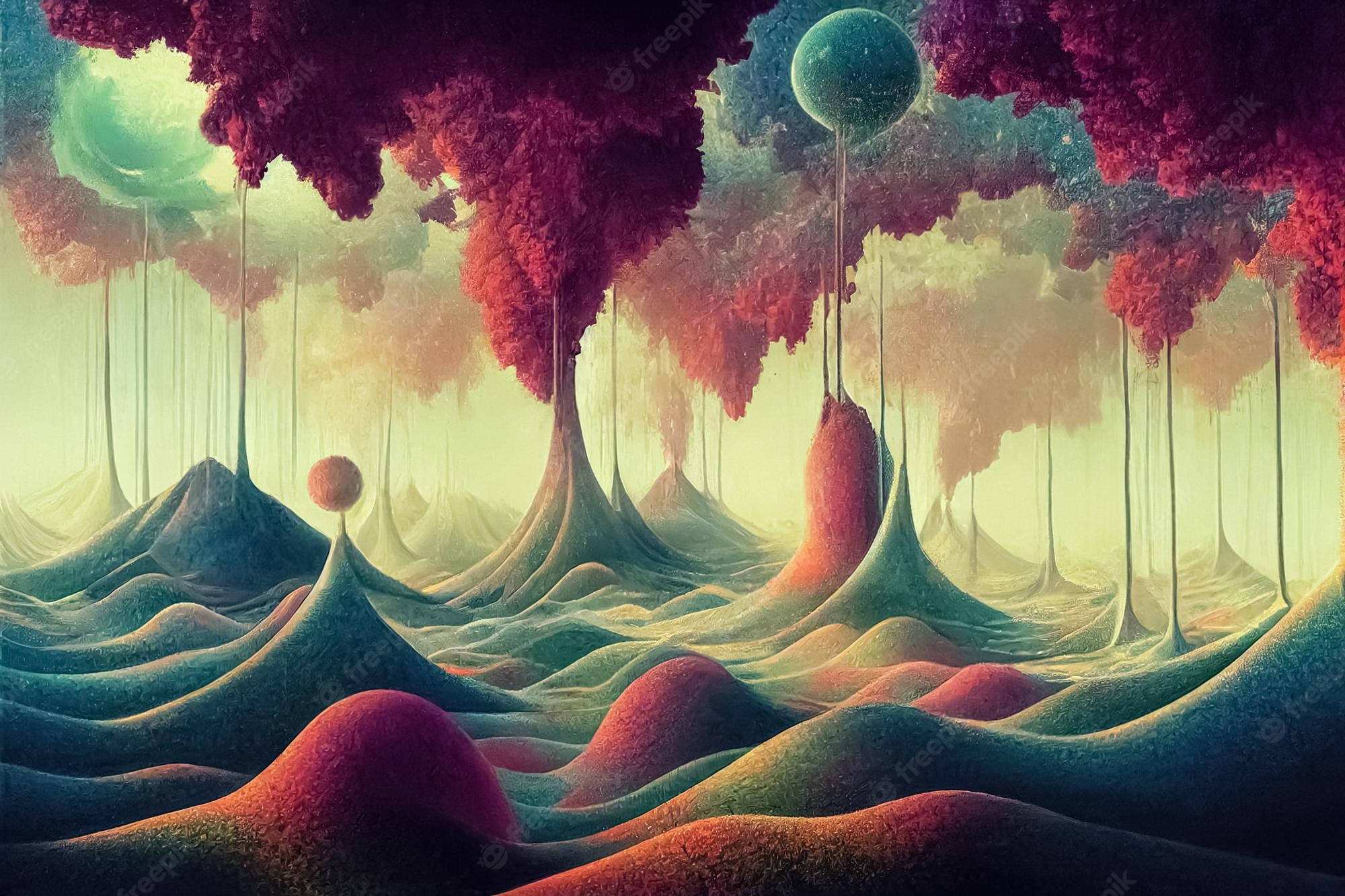 整體藝術作品 壁紙 — 超現實的外星景觀，在霧濛濛的天空下，發光的粉紅色和藍綠色樹木從起伏的山丘上生長，並有漂浮的球體。