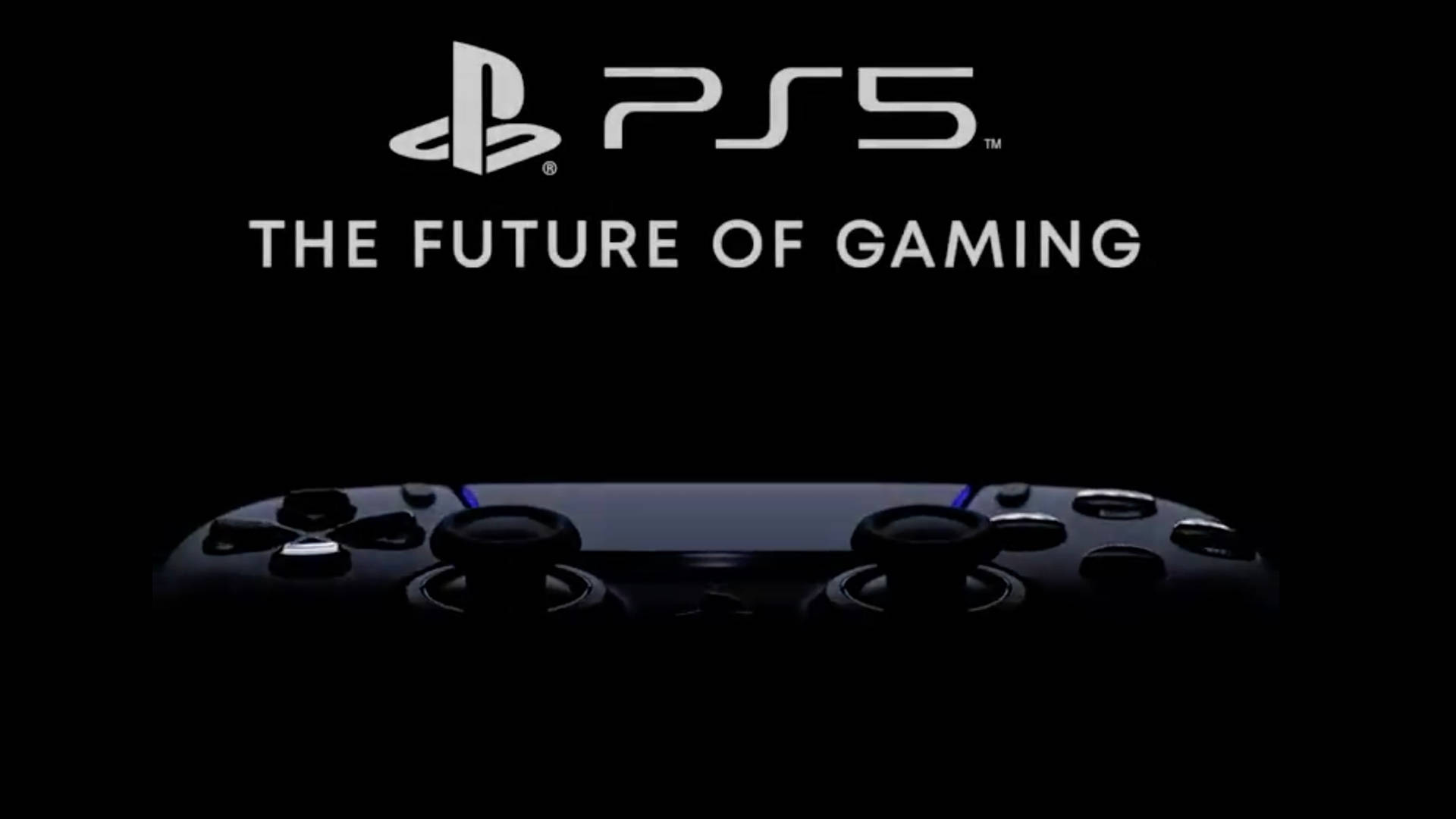 數位PS5海報 壁紙 — 一款時尚的PS5手掣在黑色背景上微微發光，上方有PlayStation標誌和標語。