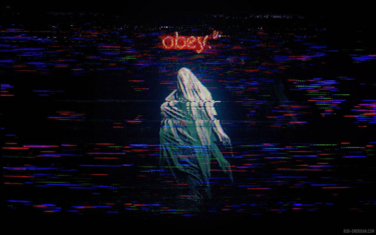 數位故障藝術中的兜帽人物，上方有 obey 字樣。