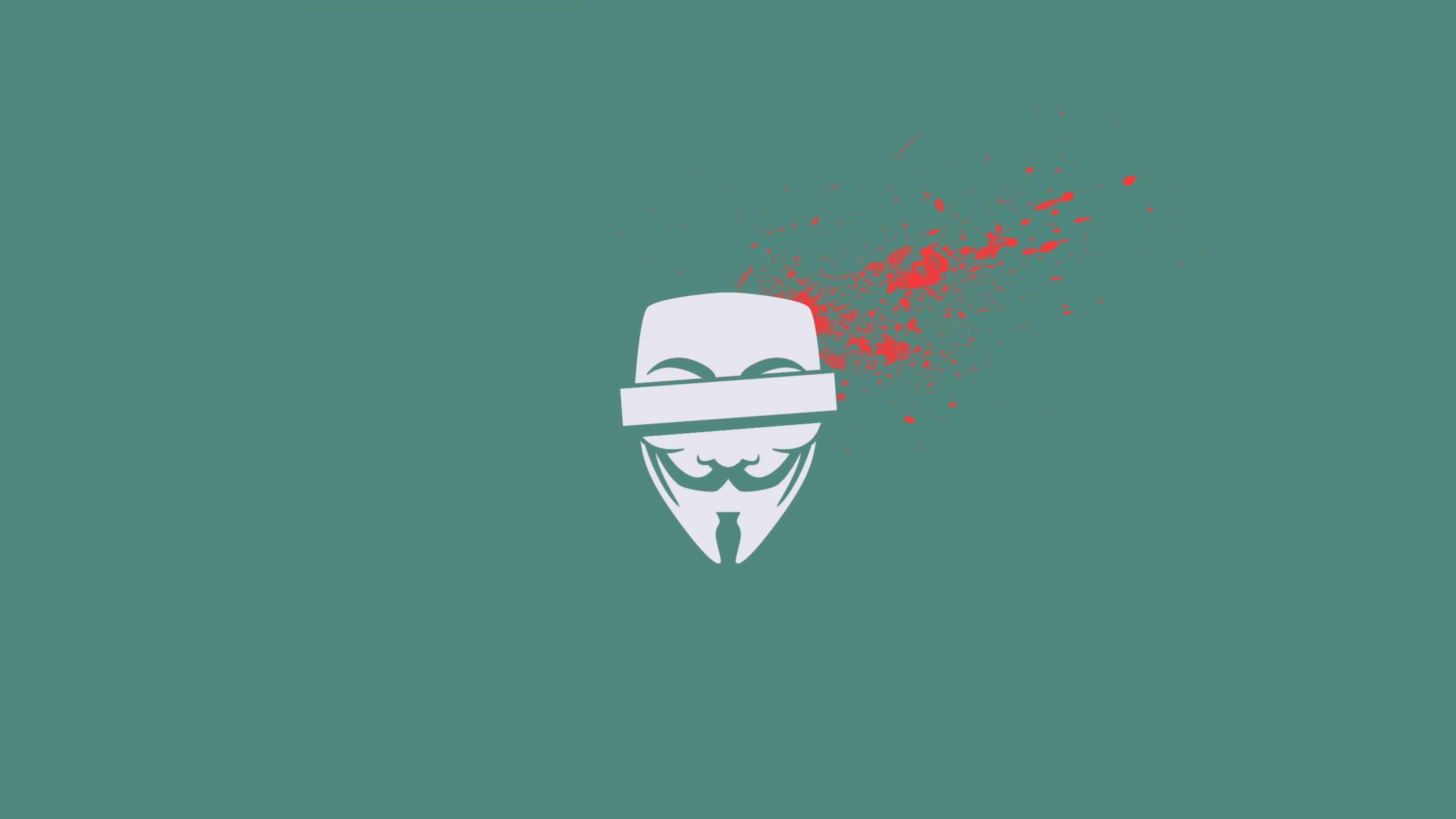 數位世界的神秘黑客面具 壁紙 — 一個白色 Guy Fawkes 面具，帶有紅色飛濺，背景為純青色。