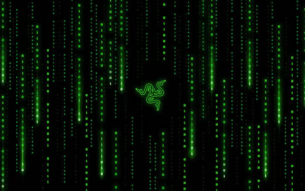 綠色數碼代碼雨，中央有發光的Razer標誌。