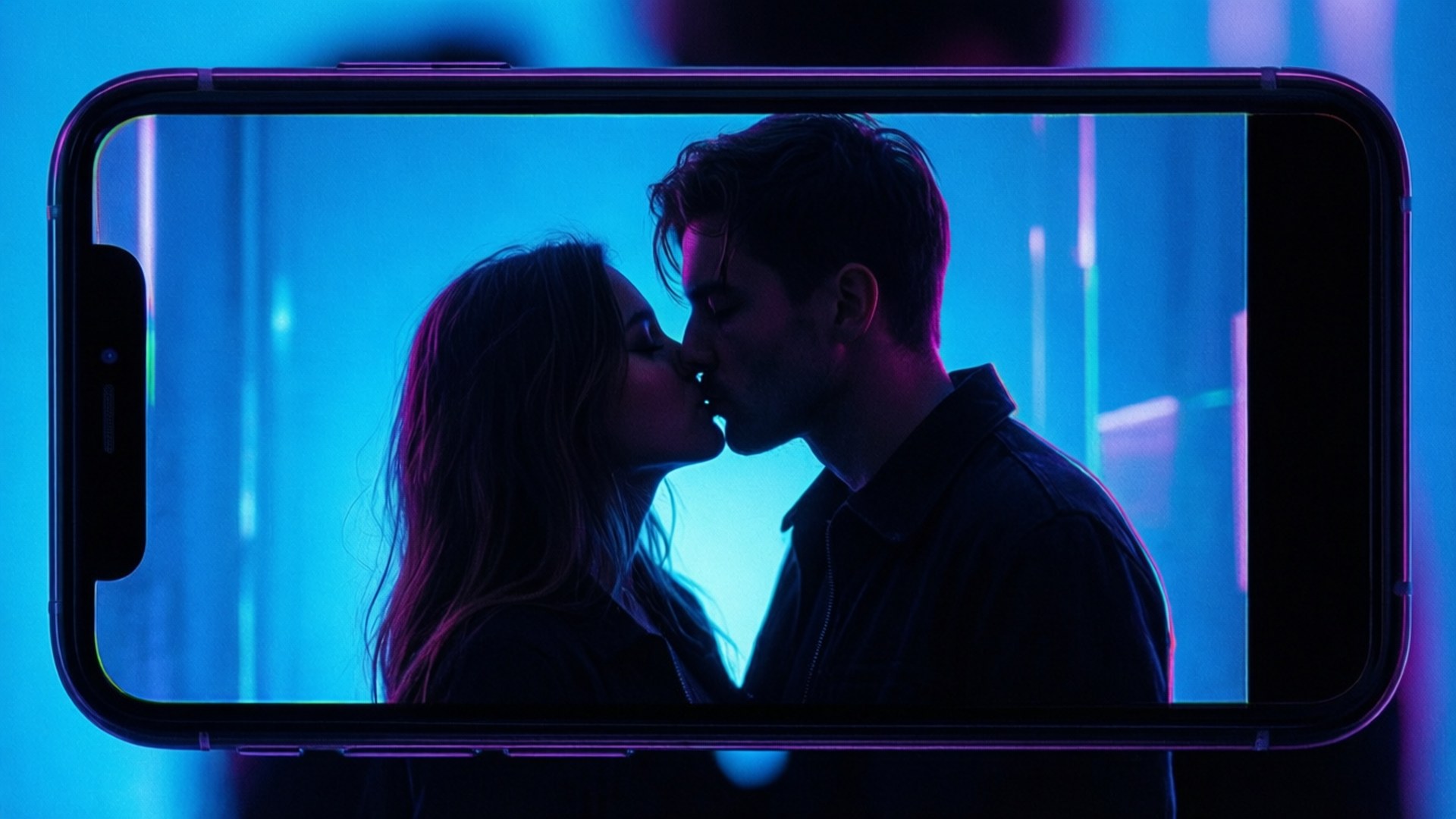 一對情侶在霓虹燈下於智能手機屏幕上接吻。