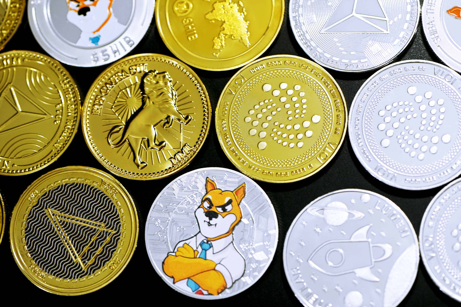 一系列實體加密貨幣代幣，設計多樣，包括 Shiba Inu Doge。