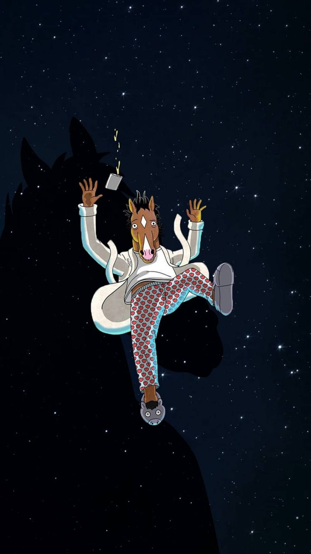 穿著睡衣的卡通馬漂浮在星空之中，茶杯掉落。