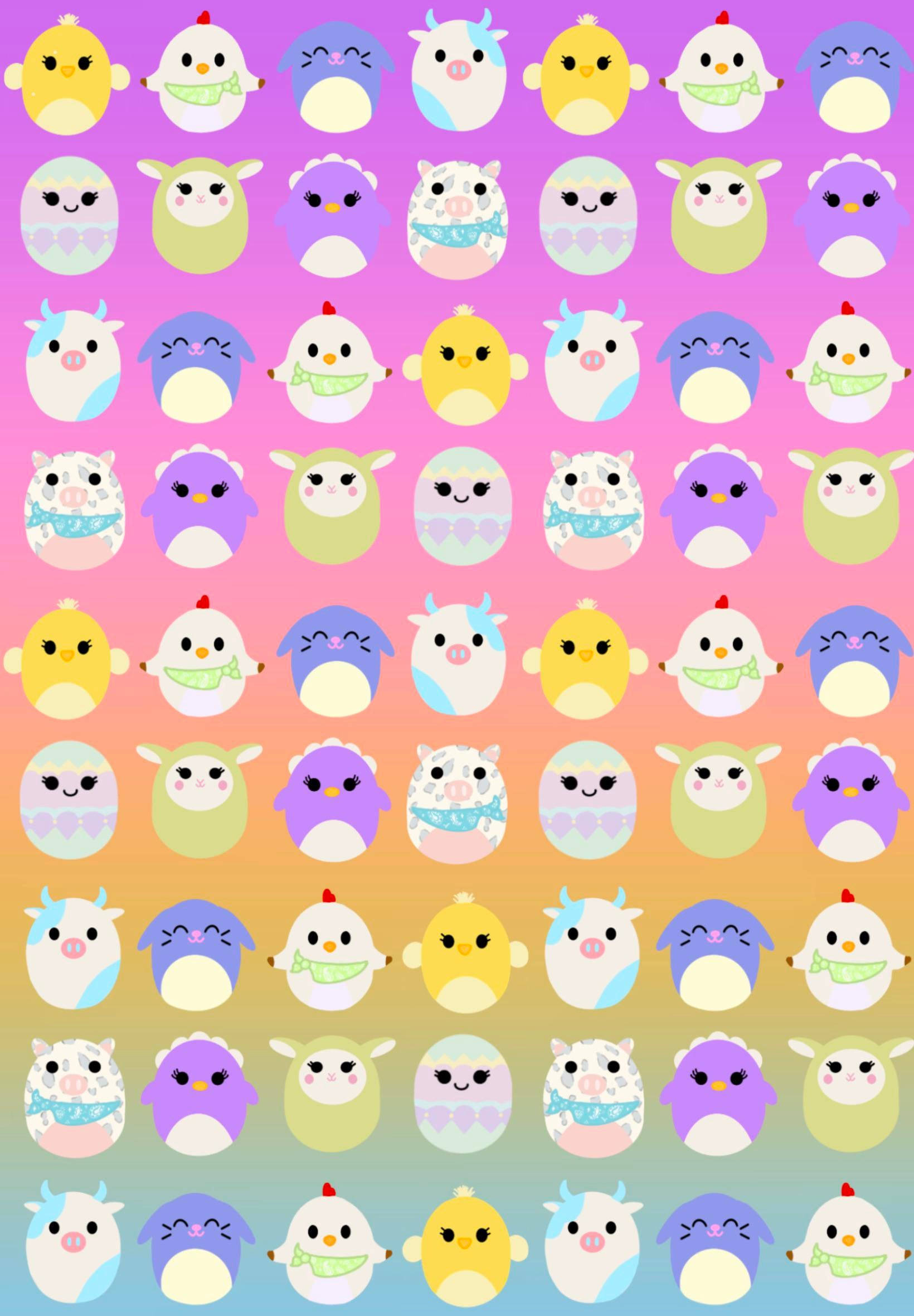 數位卡通 Squishmallows 模式 壁紙 — 一個由可愛卡通動物臉孔組成的網格，採用柔和色調，背景為彩虹漸變色。
