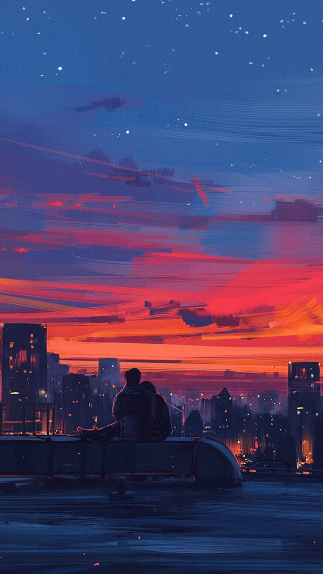 數位城市風景愛意畫 壁紙 — 一對情侶在天台上擁抱，鮮豔的橙色和藍色夕陽在星空下的城市天際線中延伸。