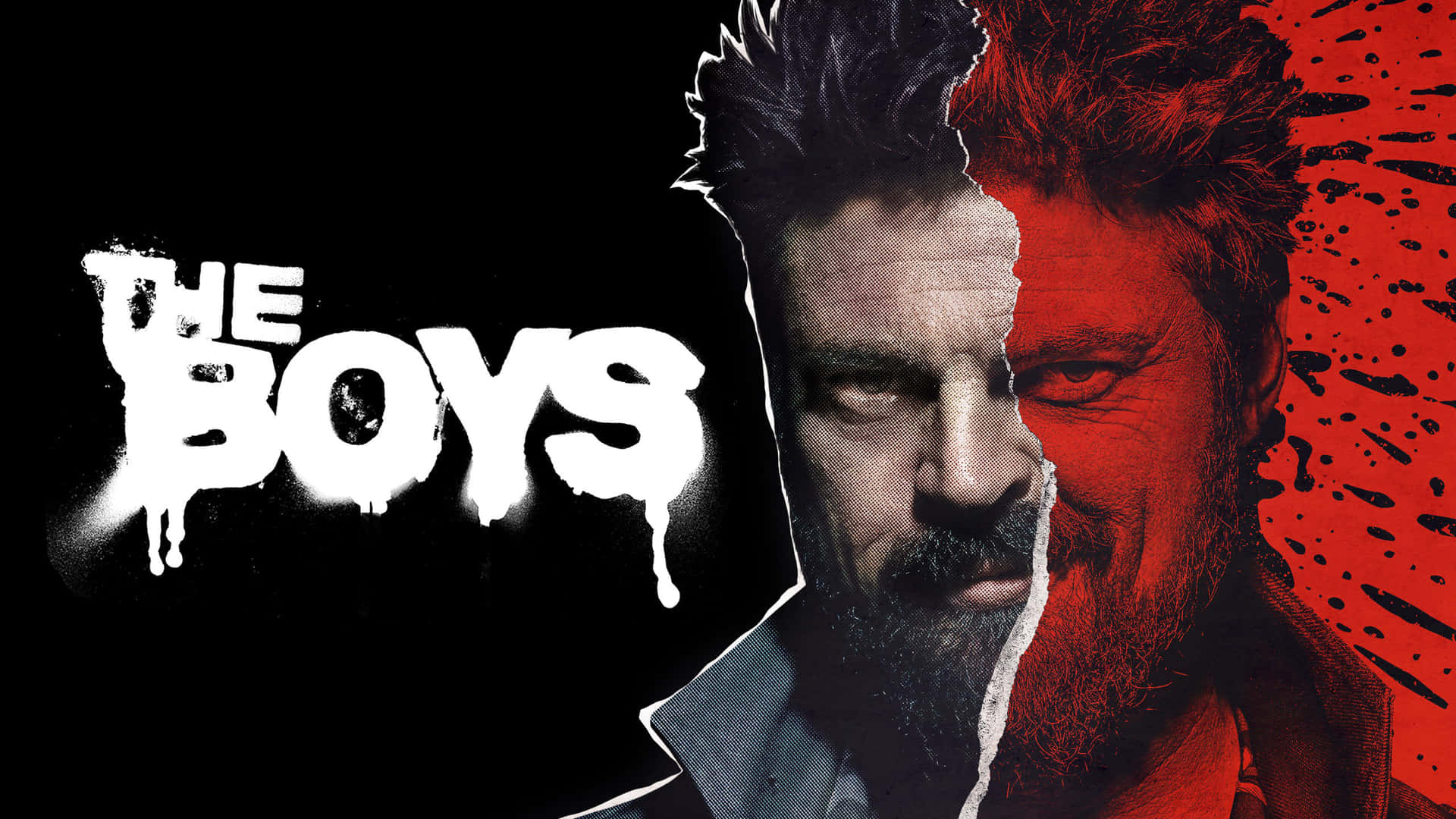 一個男人的臉從中間分裂，一側在陰影中，另一側有紅色飛濺，帶有「THE BOYS」文字。