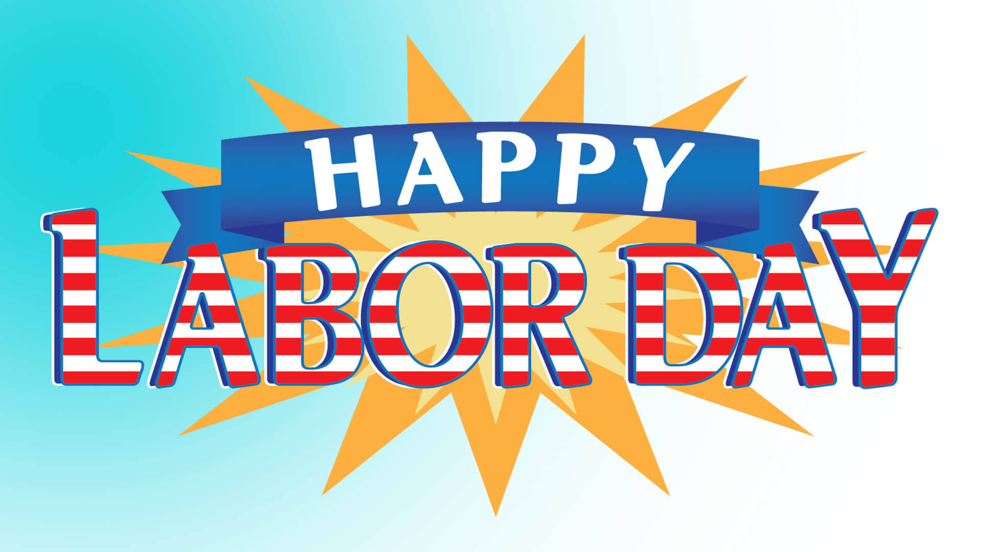 Happy Labor Day 圖形，紅白條紋文字和黃色星爆。