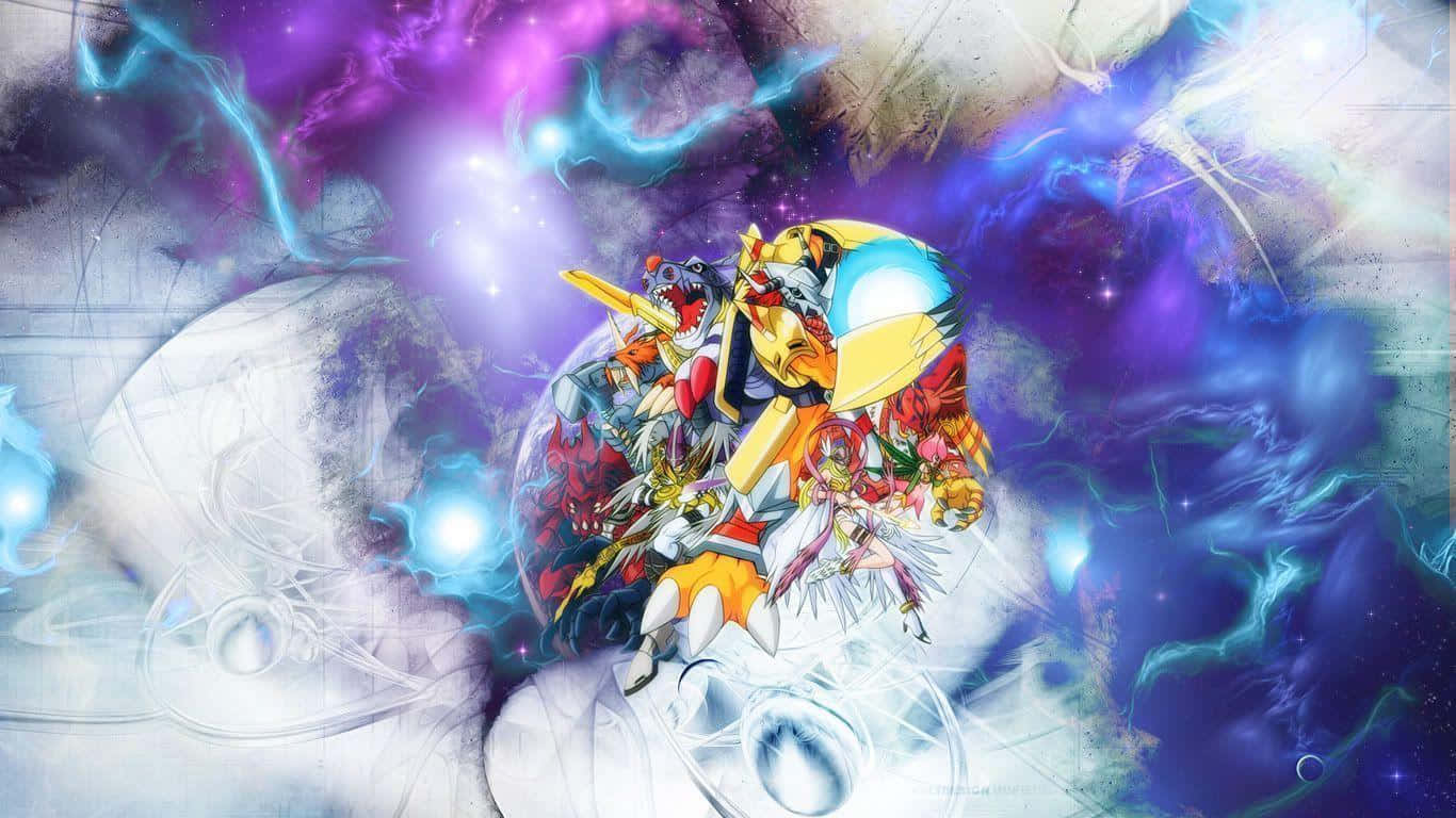 數位怪獸：數位怪物 壁紙 — 一群充滿活力的動畫數碼寶貝角色，在旋轉的宇宙星雲背景下英勇站立。