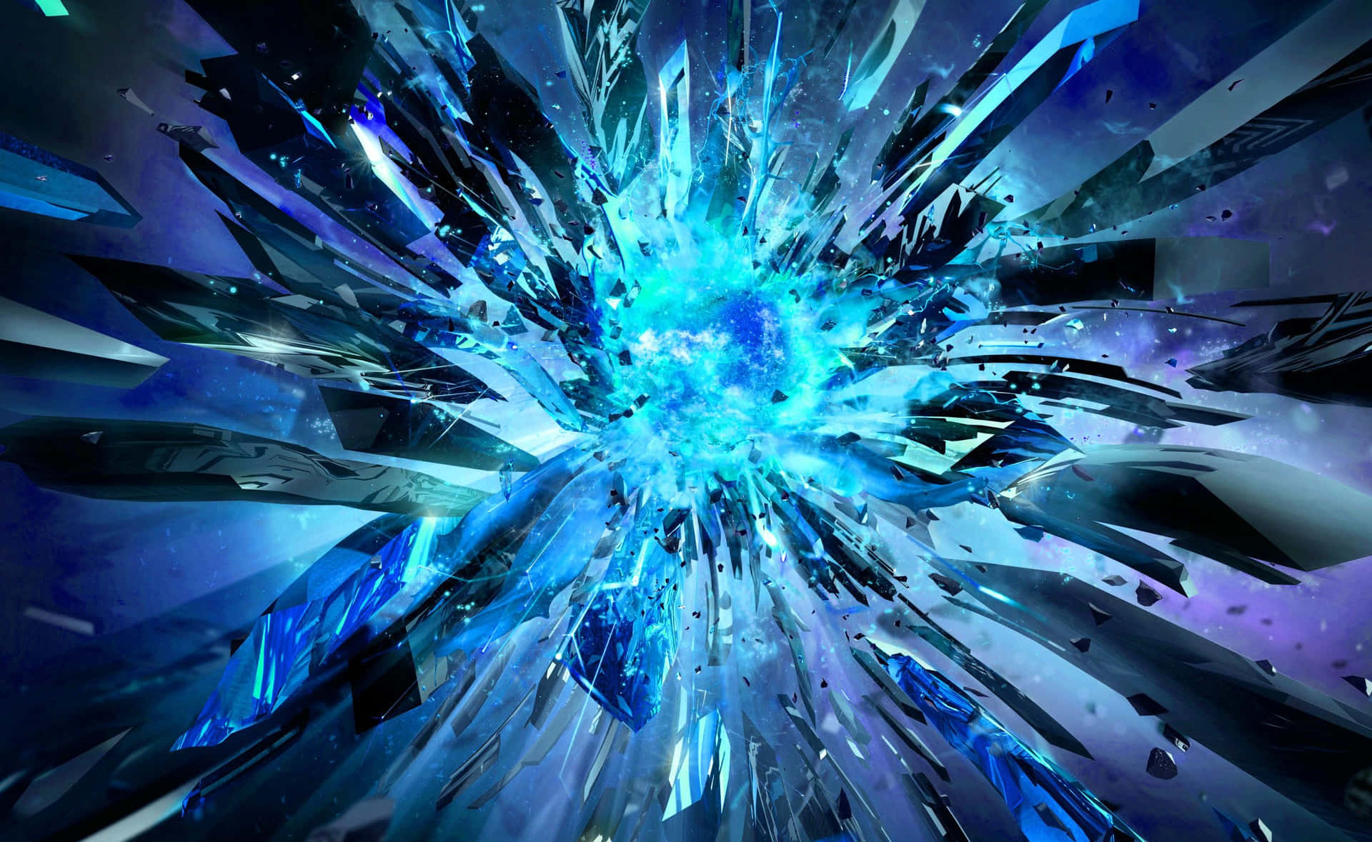 藍色能量爆炸在太空中粉碎水晶碎片